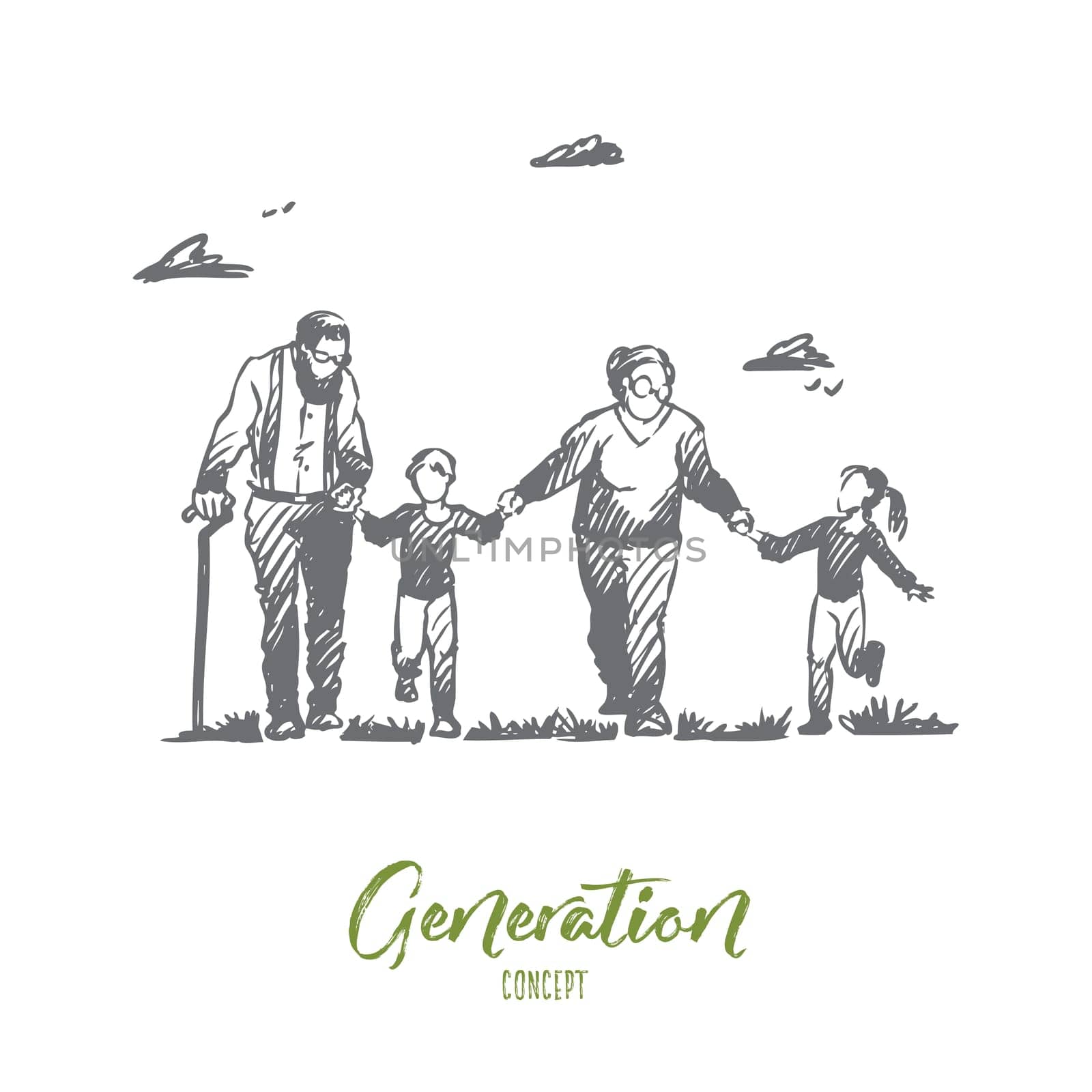 Grandmother, grandfather, grandchildren, family, generation concept. Hand drawn happy big family with grandmother and grandfather concept sketch. Isolated vector illustration.