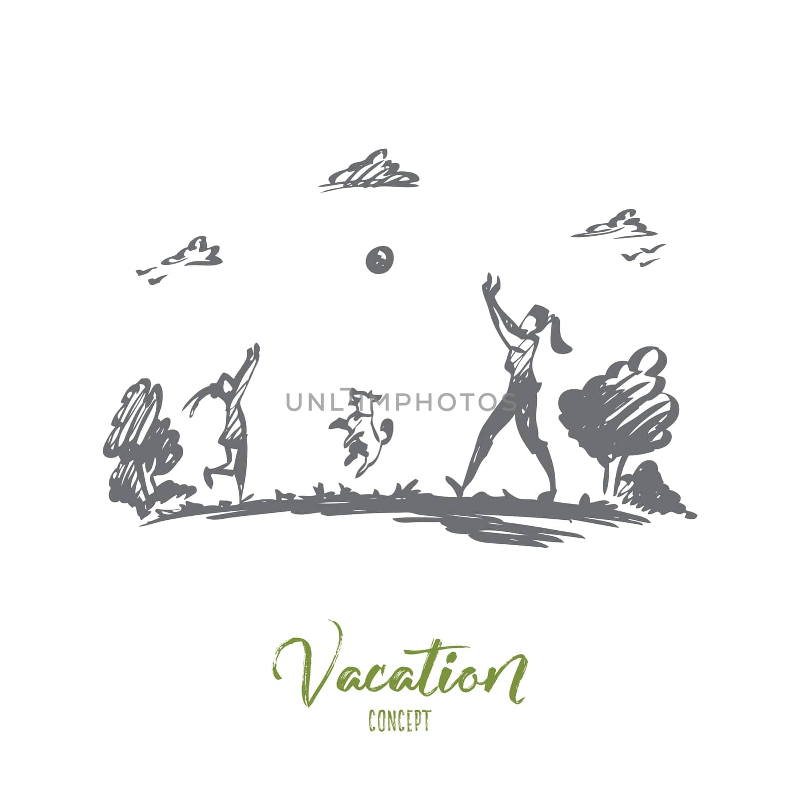 Mother, daughter, family, parenting, vacation concept. Hand drawn mom, daughter and dog play ball near lake concept sketch. Isolated vector illustration.