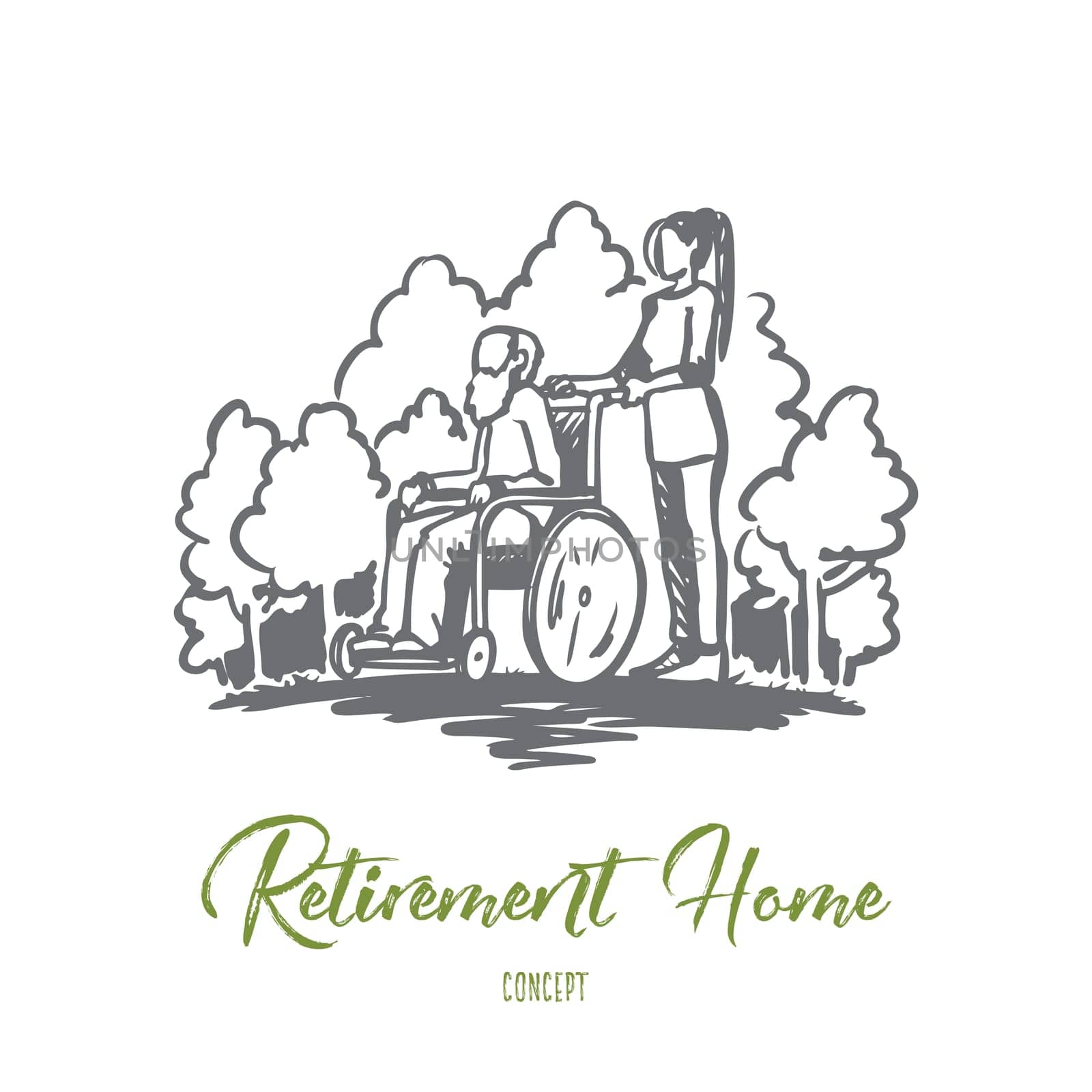 Retirement home, old man, elderly, pensioner, health concept. Hand drawn old man on wheelchair with social worker concept sketch. Isolated vector illustration.