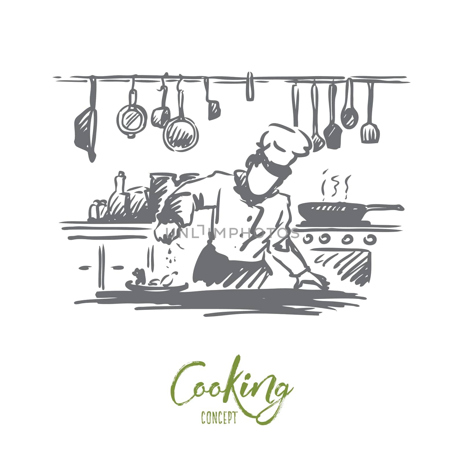 Cooking, chef, food, meal concept. Hand drawn chef preparing dish in restaurant concept sketch. Isolated vector illustration.