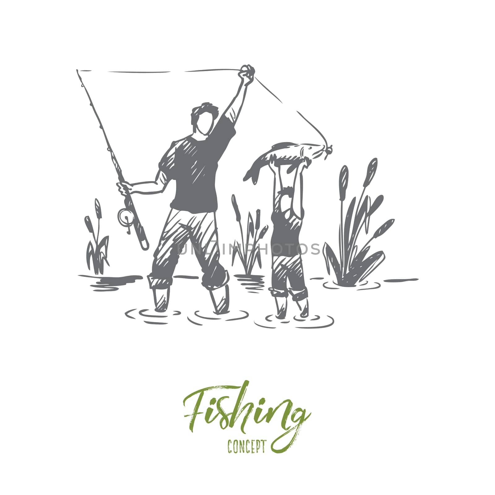 Fishing, father, son, family concept. Hand drawn dad and his son fishing together concept sketch. Isolated vector illustration.