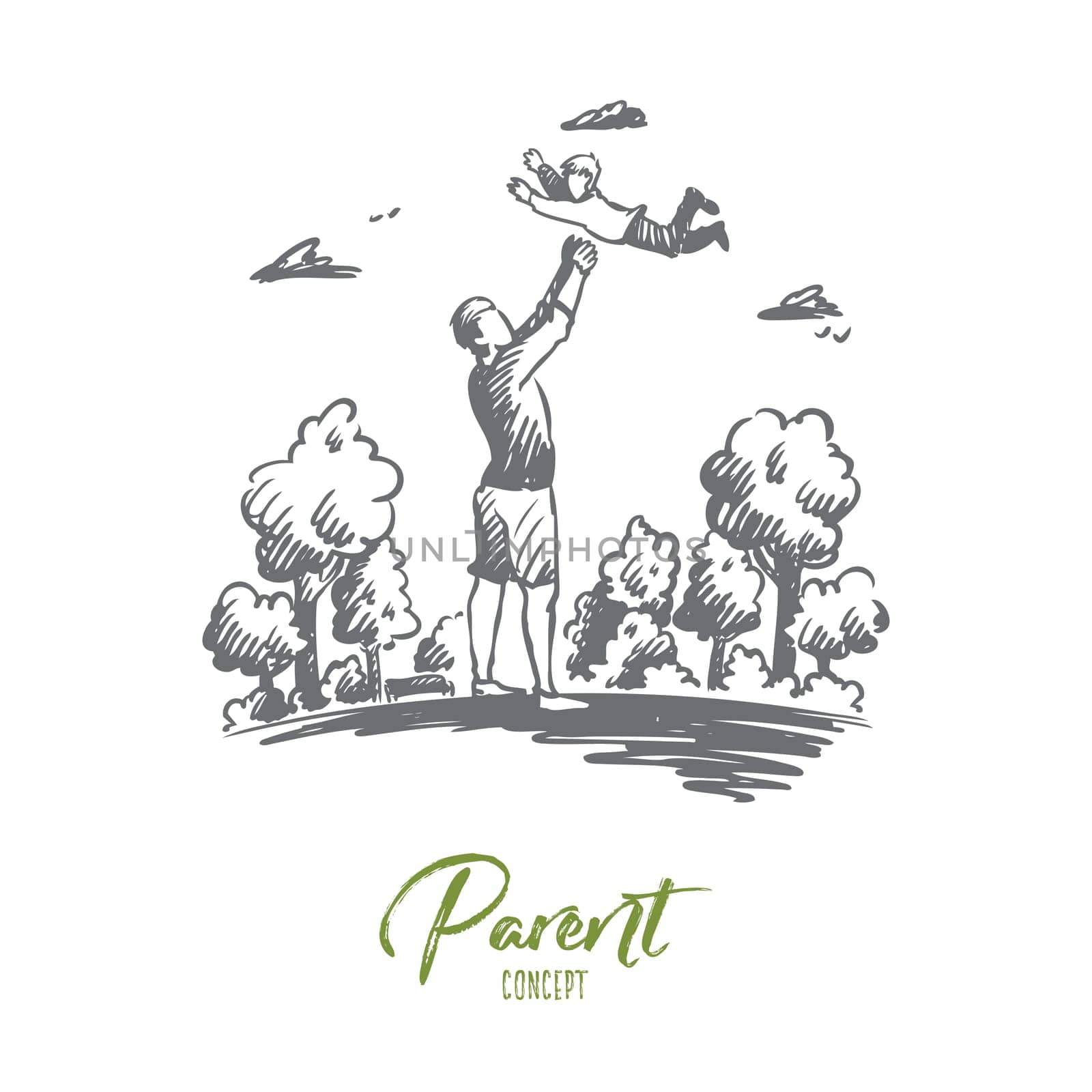 Child, father, parent, fun concept. Hand drawn dad playing with son outdoors concept sketch. Isolated vector illustration.