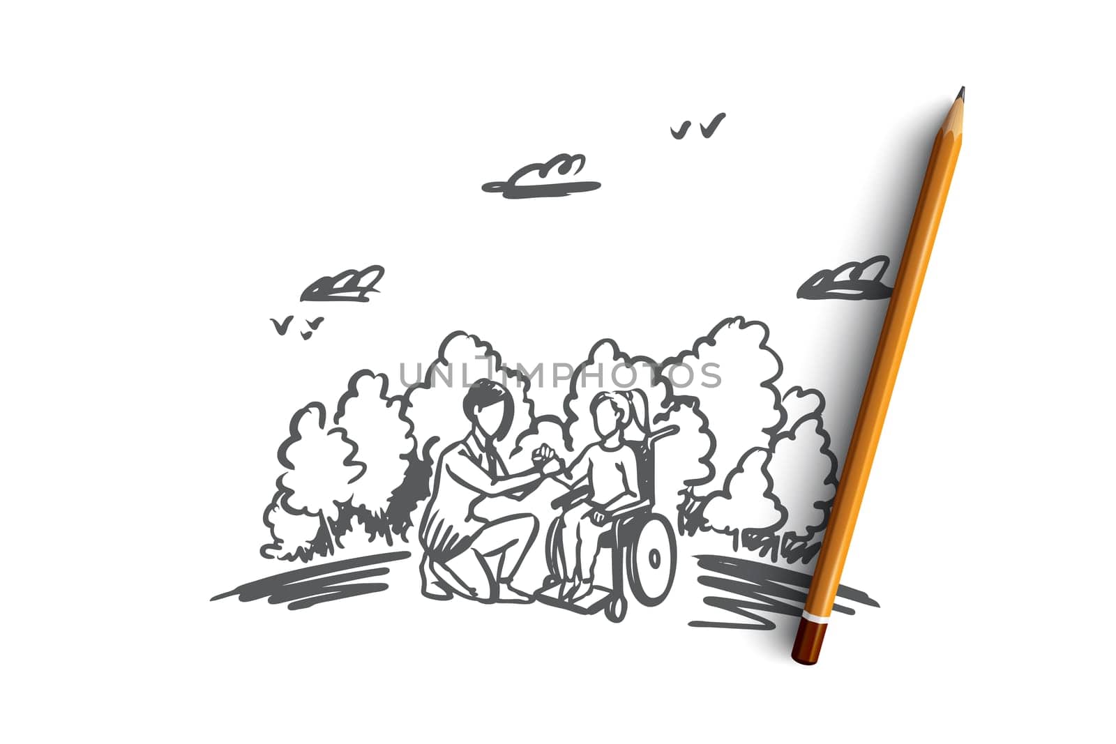 Invalid, disabled, help, medicine, hospital concept. Hand drawn woman on wheelchair with social worker concept sketch. Isolated vector illustration.