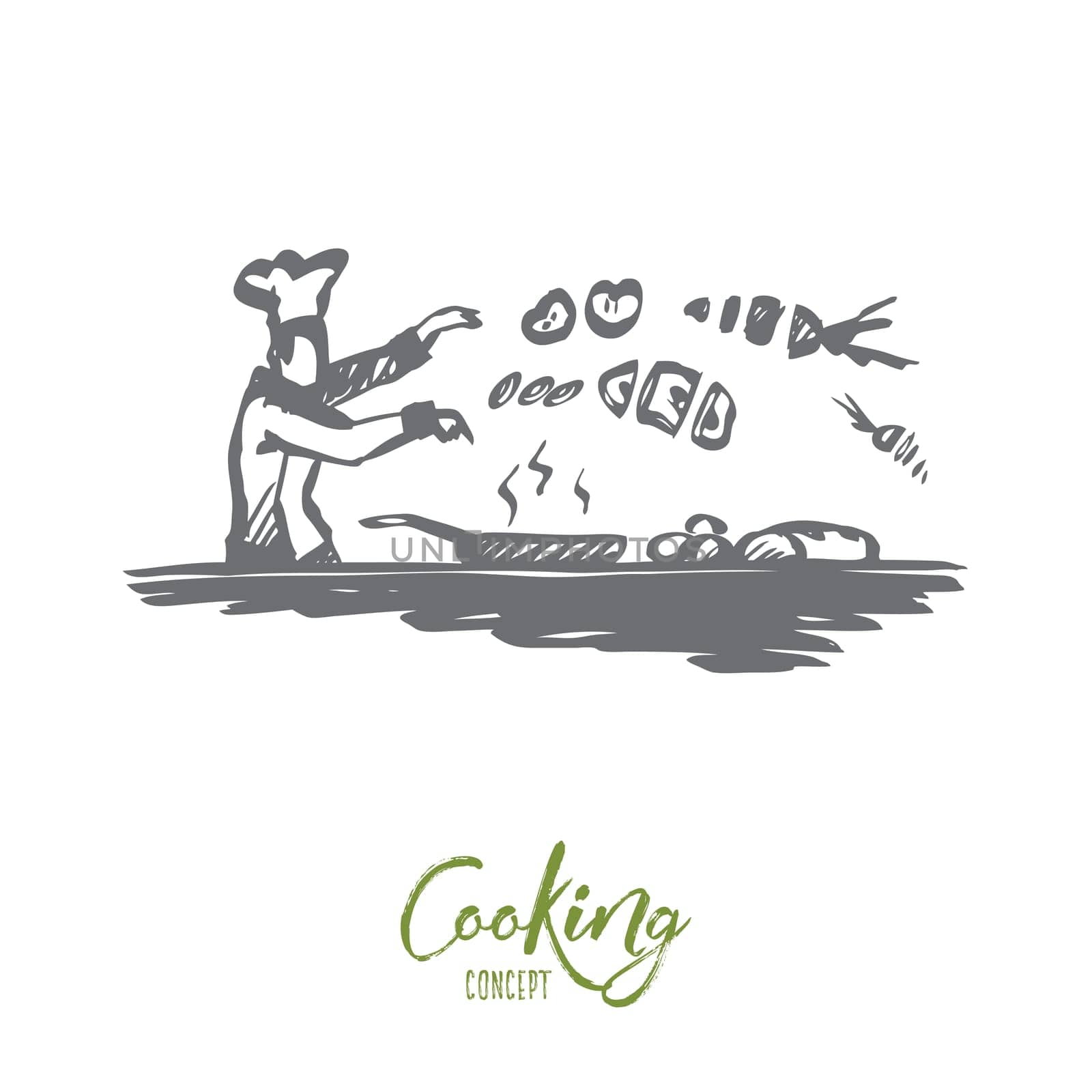 Cooking, chef, food, dish concept. Hand drawn chef cooking a delicious meal in cafe concept sketch. Isolated vector illustration.