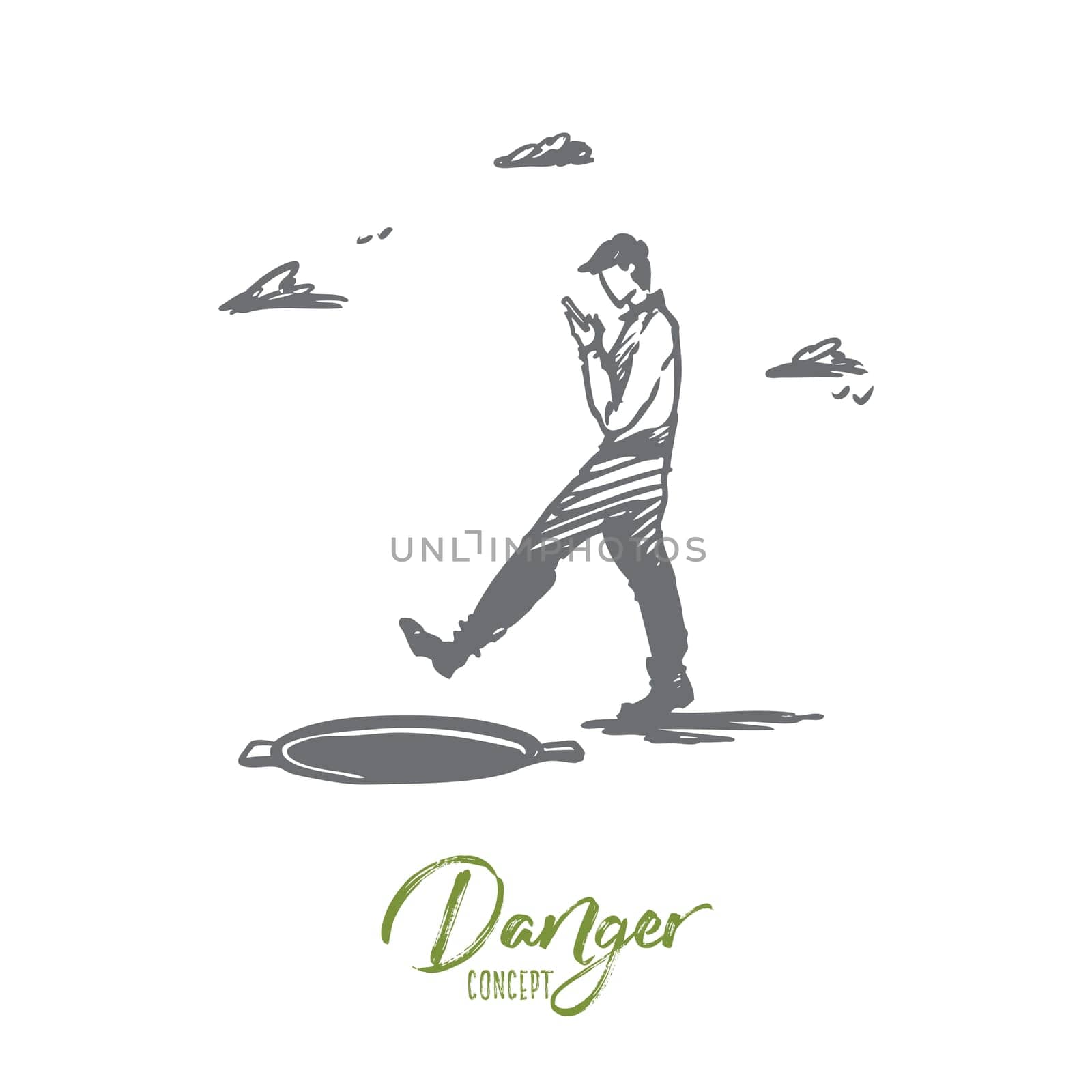 Danger, game, walking, hatch, attention concept. Hand drawn man with a gadget and opened hatch concept sketch. Isolated vector illustration.