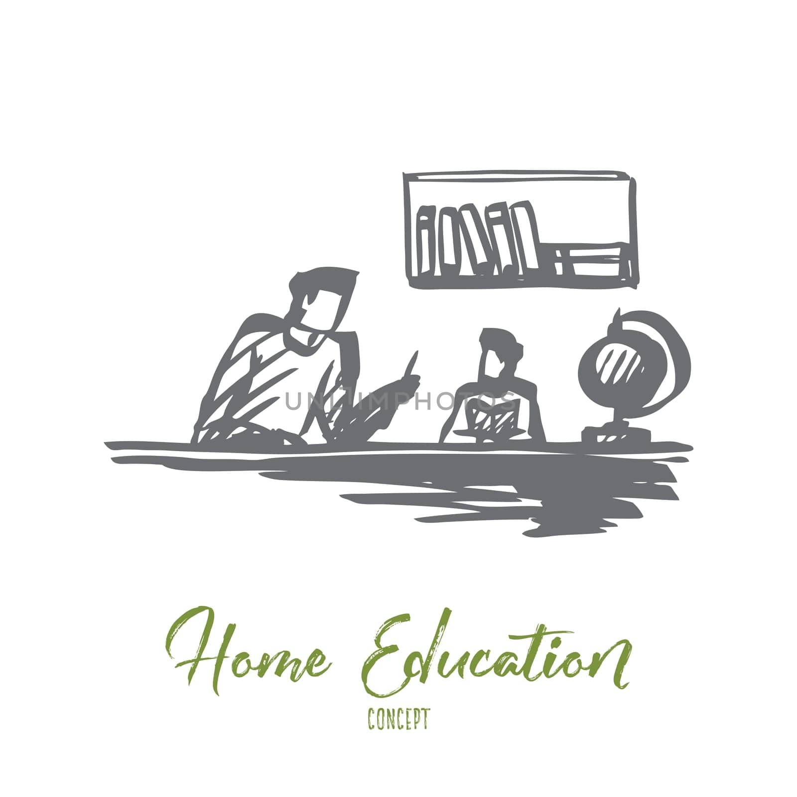 Father, son, helping, home education concept. Hand drawn dad helps to his son do homework, father s dayconcept concept sketch. Isolated vector illustration.