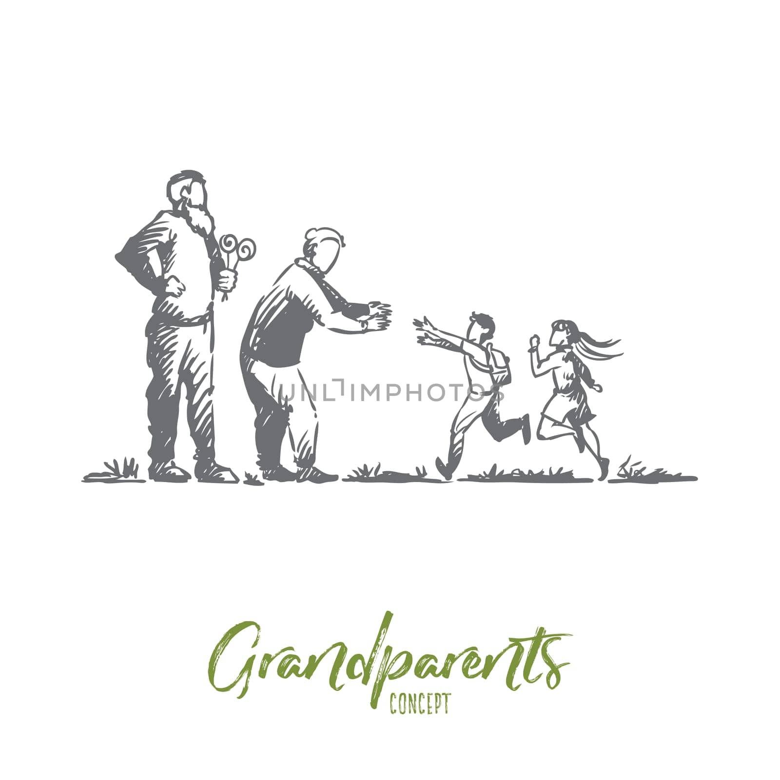Grandparents, grandchildren, family, generation concept. Hand drawn happy big family with grandmother and grandfather concept sketch. Isolated vector illustration.