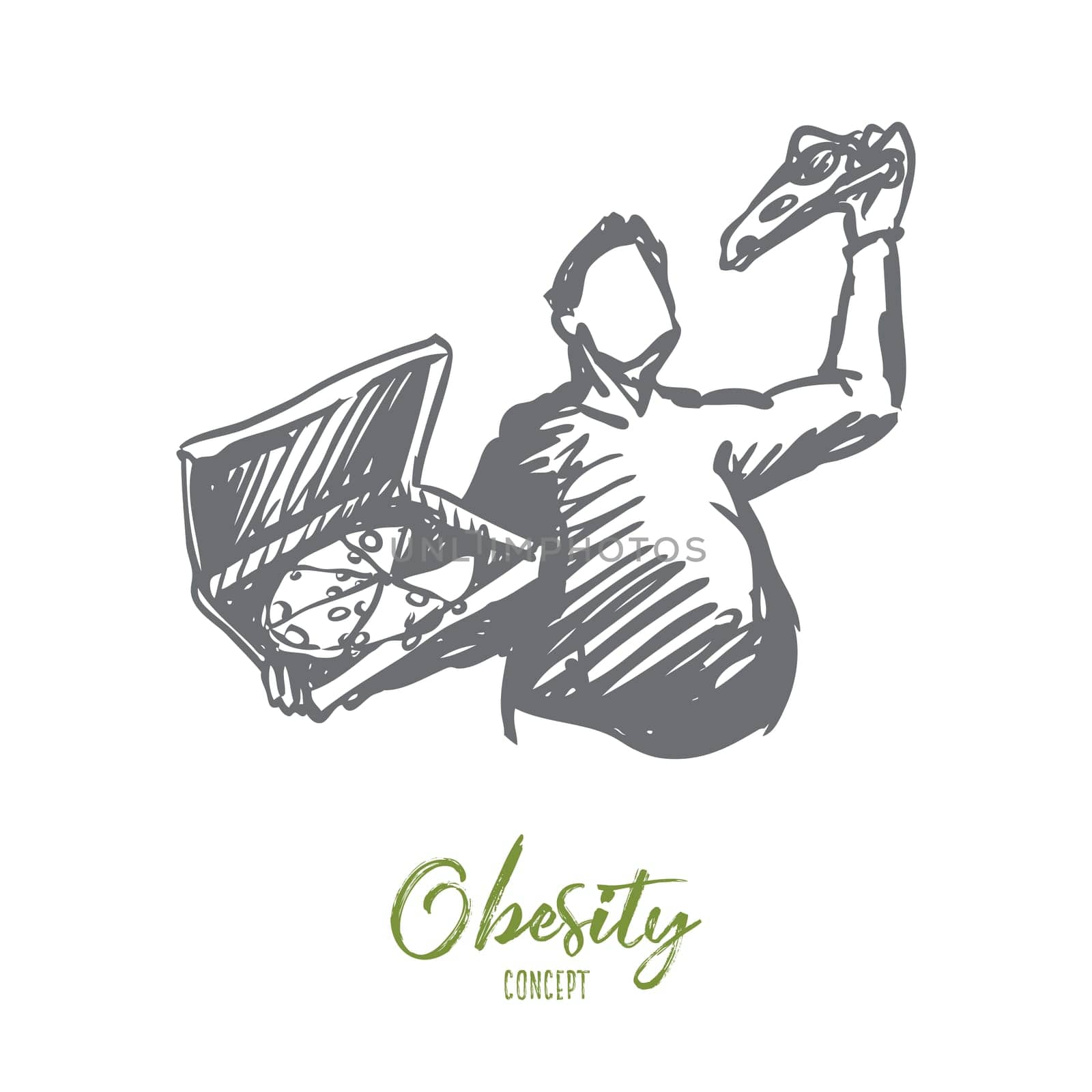 Pizza, man, fat, obesity, food, diet concept. Hand drawn fat man eating unhealthy food pizza concept sketch. Isolated vector illustration.