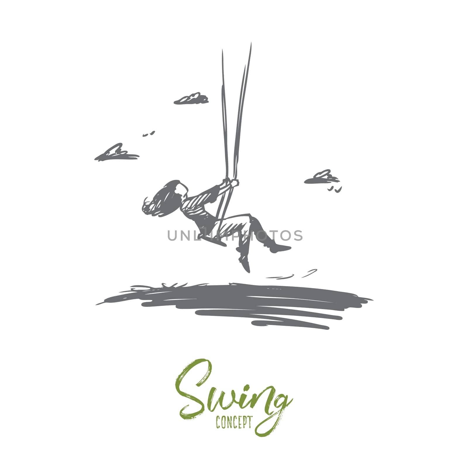 Girl, swing, childhood, fun, play concept. Hand drawn girl swinging outdoors and having fun concept sketch. Isolated vector illustration.