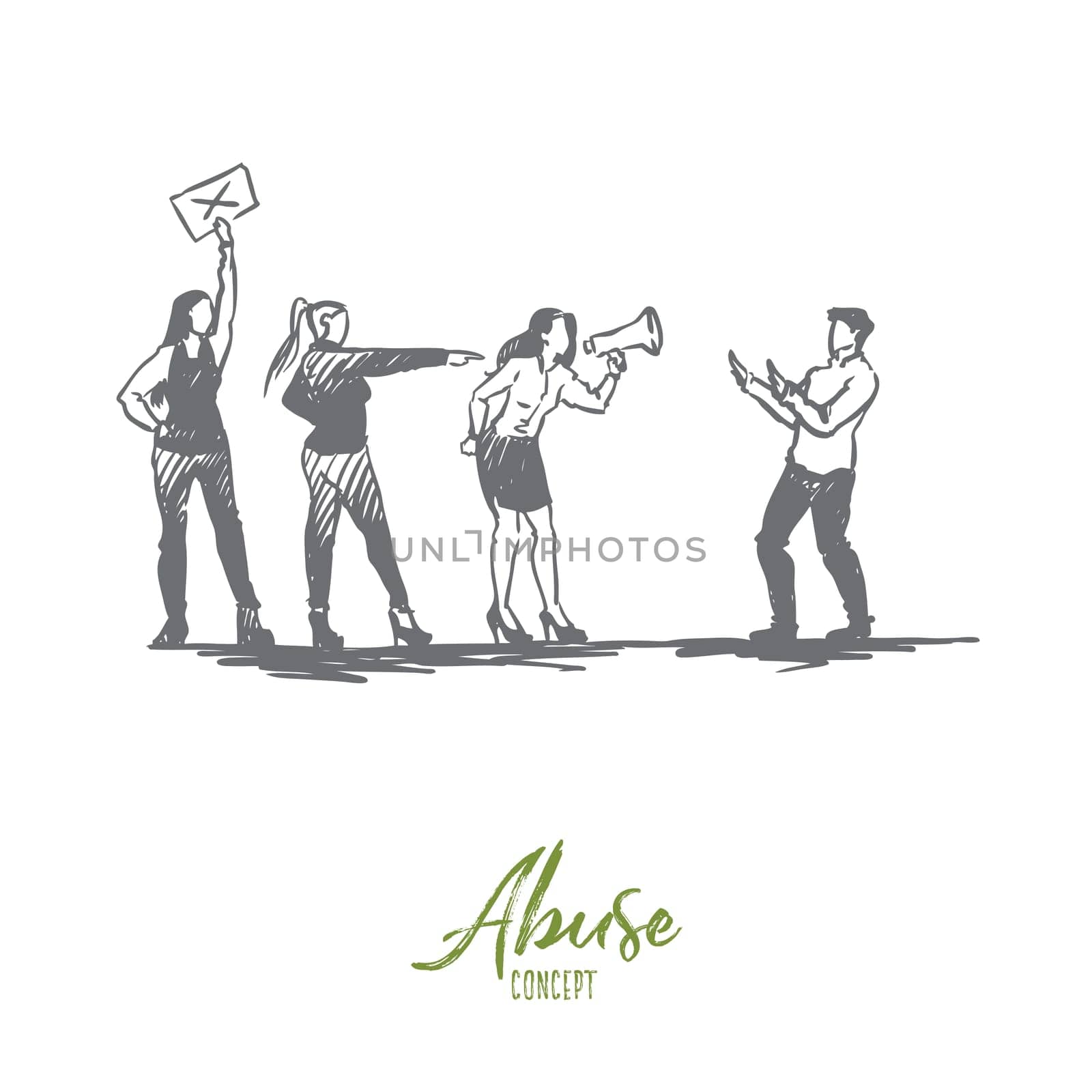 Women, sexual, harassment, abuse concept. Hand drawn women speaking in megaphone against sexual harassment concept sketch. Isolated vector illustration.