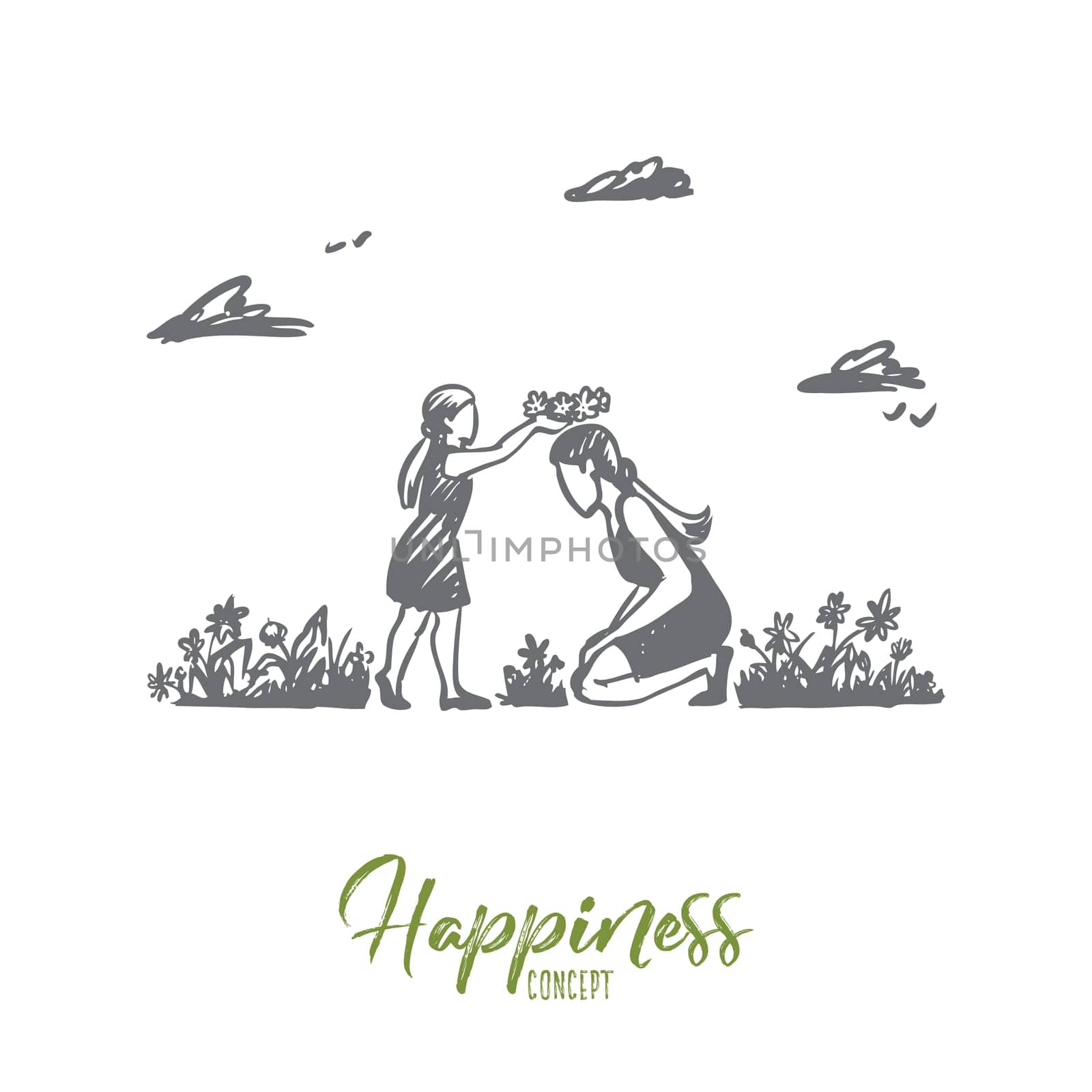 Mom, daughter, garden, happiness, family concept. Hand drawn mother and daughter playing in summer garden. Mother's day concept sketch. Isolated vector illustration.