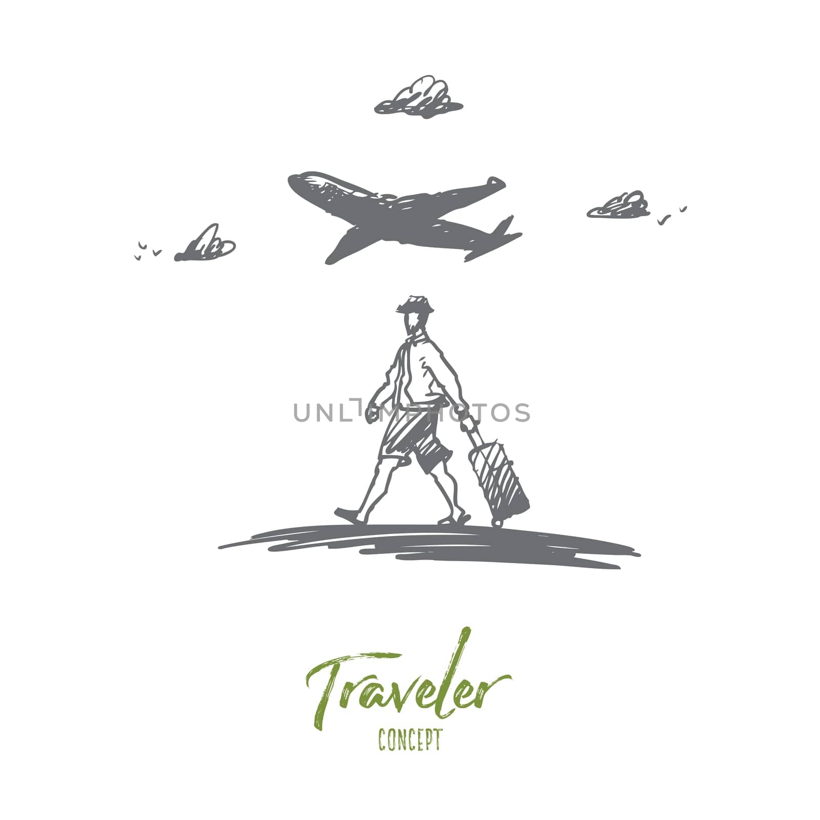 Traveler, walking, suitcase, airport concept. Hand drawn man walking with baggage in airport concept sketch. Isolated vector illustration.