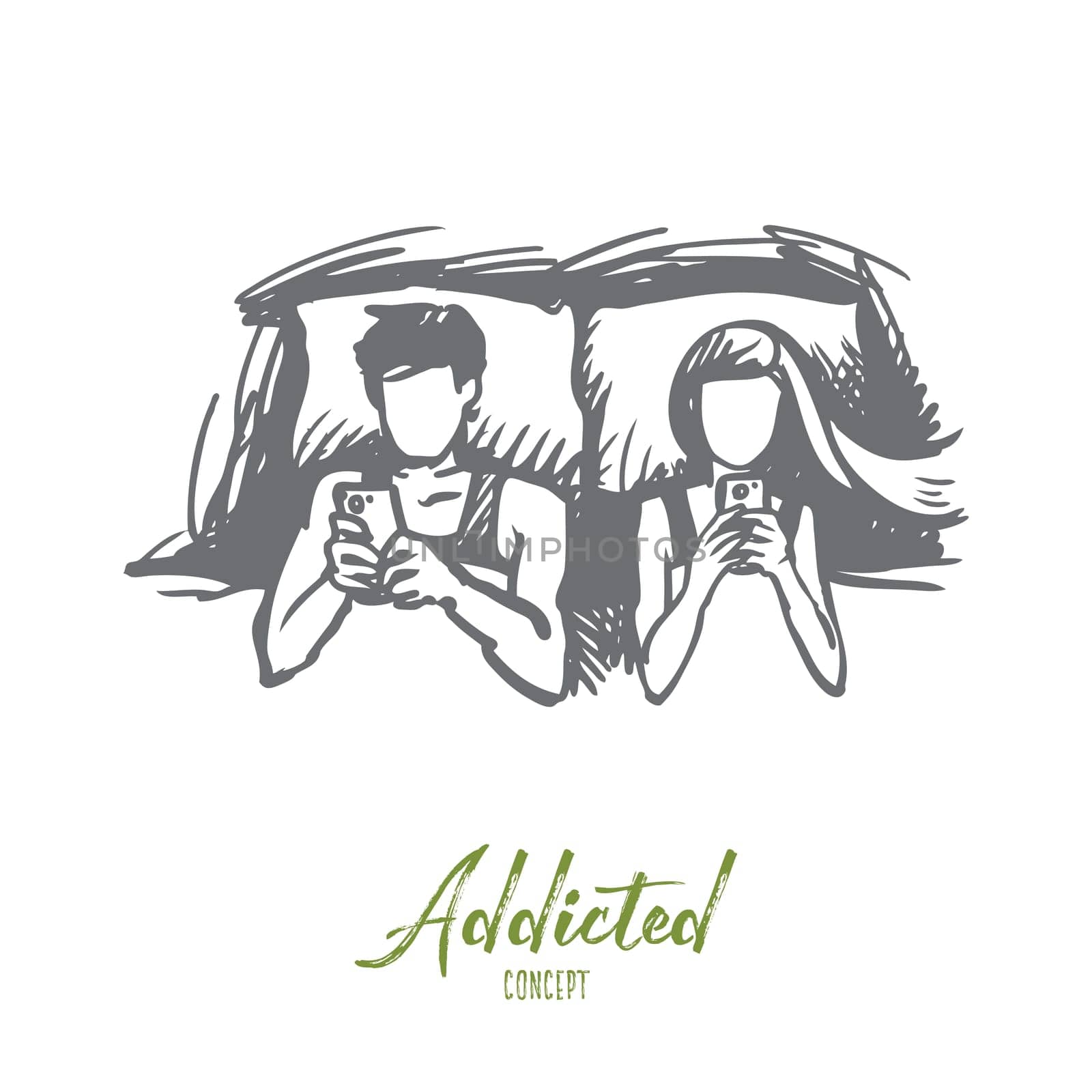 Couple, bed, smartphone, addicted concept. Hand drawn man and women couple lie in bed and looking at smartphones concept sketch. Isolated vector illustration.