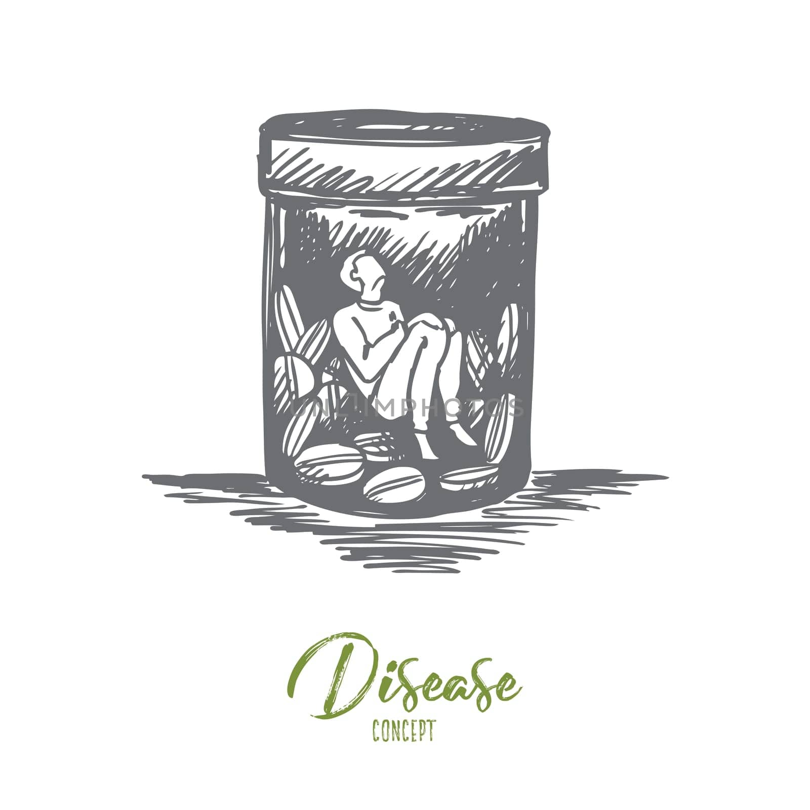 Painkiller, addiction, drugs, disease concept. Hand drawn man sitting inside of buttle with drugs or pills concept sketch. Isolated vector illustration.