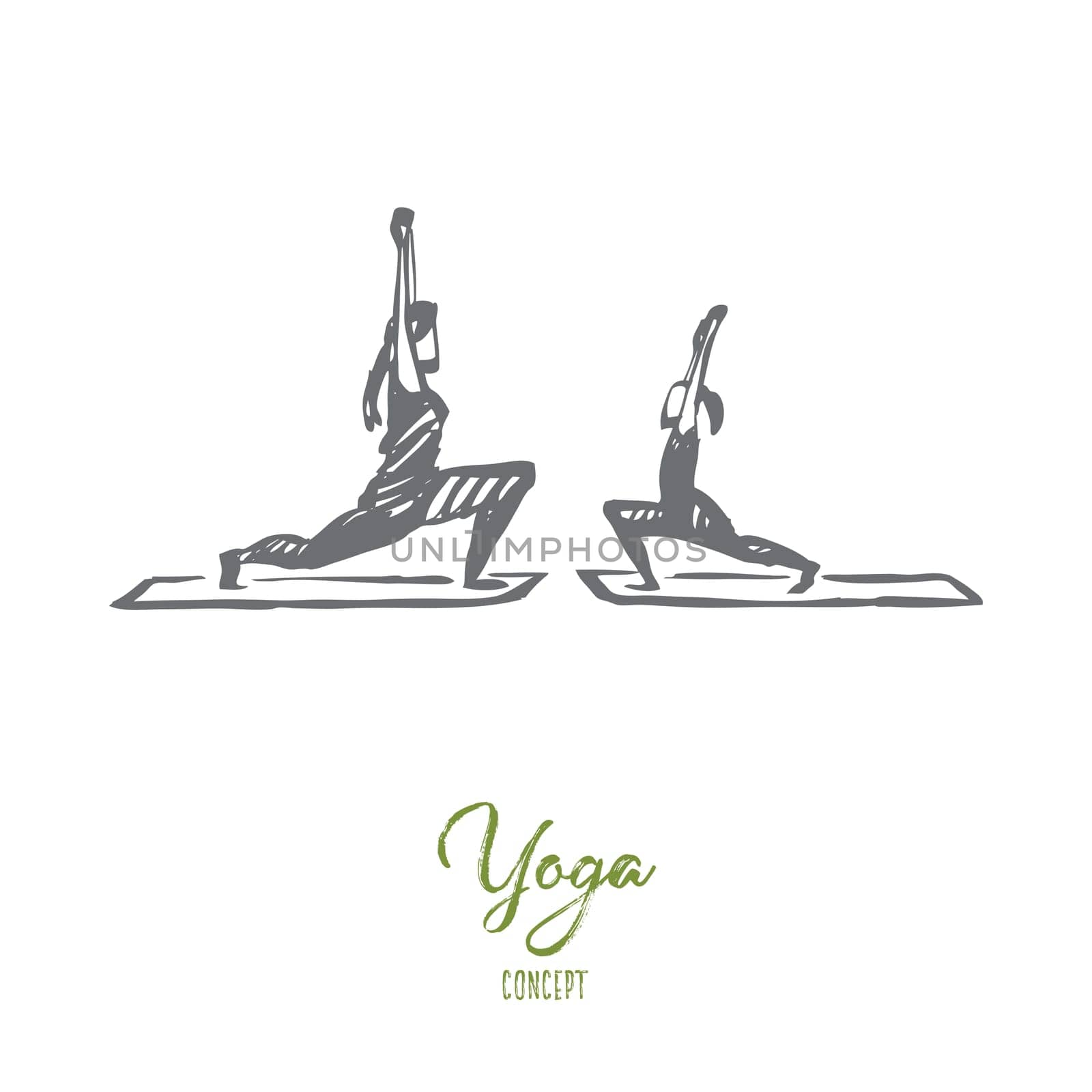 Mom, daughter, yoga, family concept. Hand drawn mother and daughter doing yoga exercises together concept sketch. Isolated vector illustration.