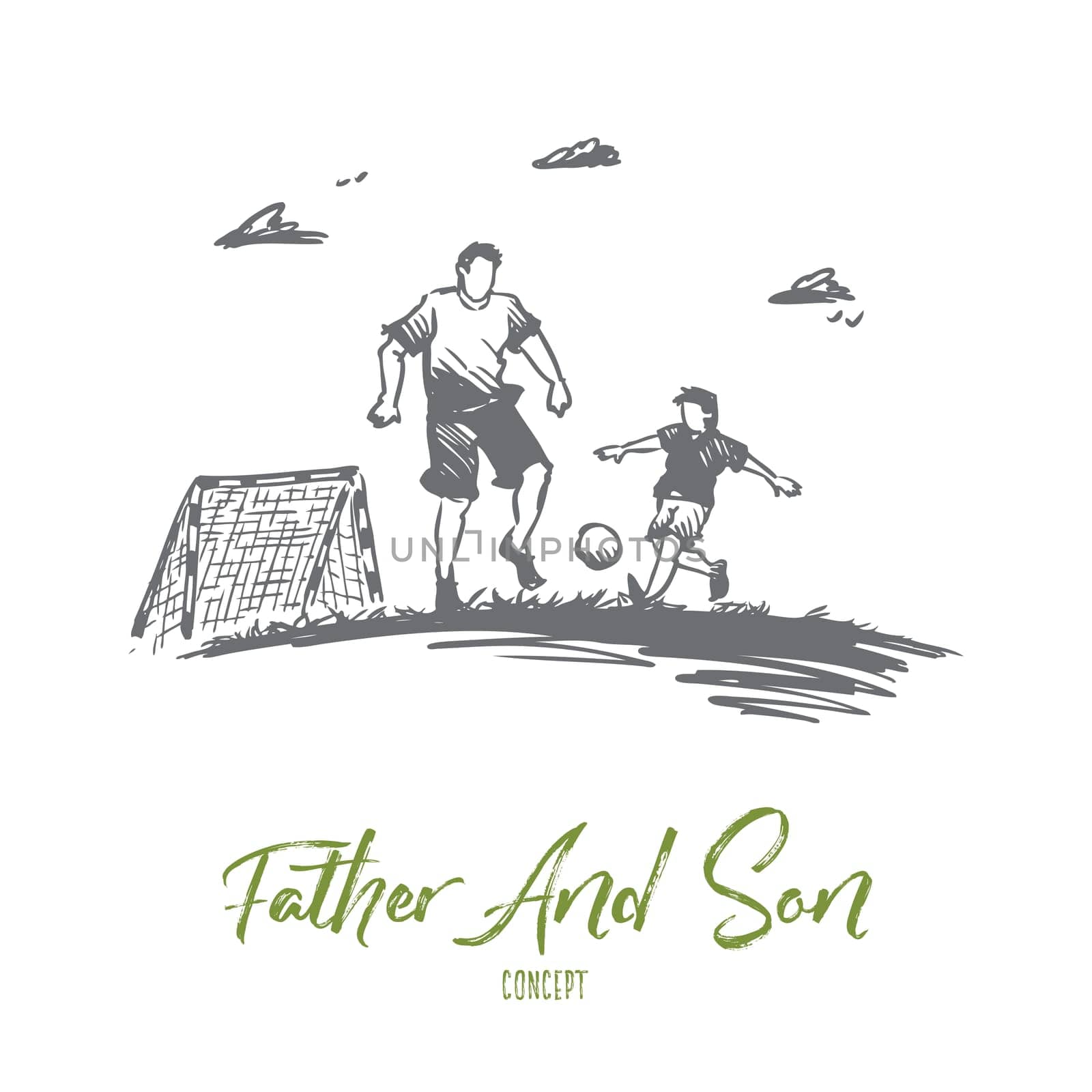 Father, football, son, play, parent concept. Hand drawn dad playing football with son concept sketch. Isolated vector illustration.