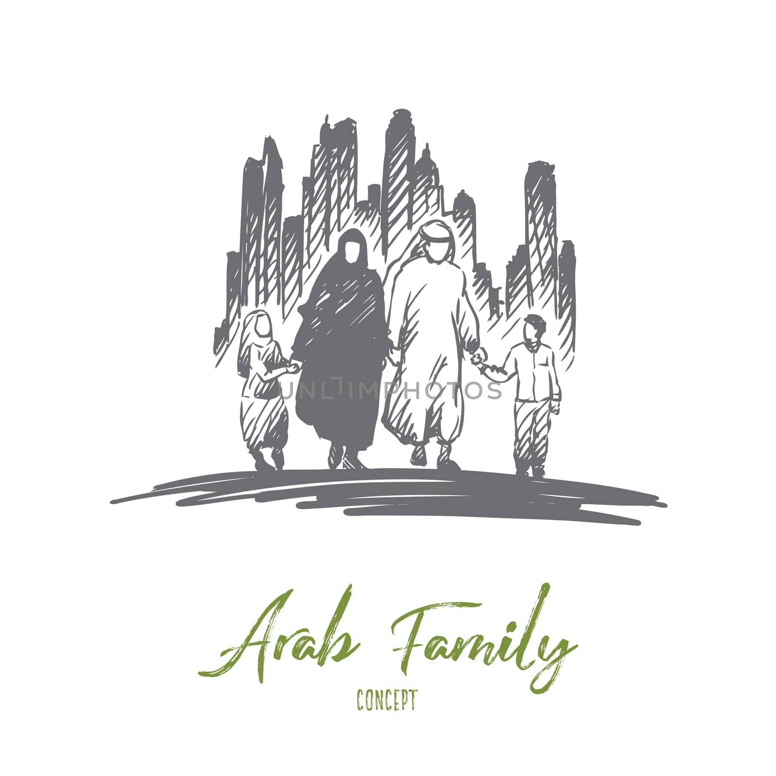 Arab, family, muslim, culture concept. Hand drawn traditonal arab family with children concept sketch. Isolated vector illustration.