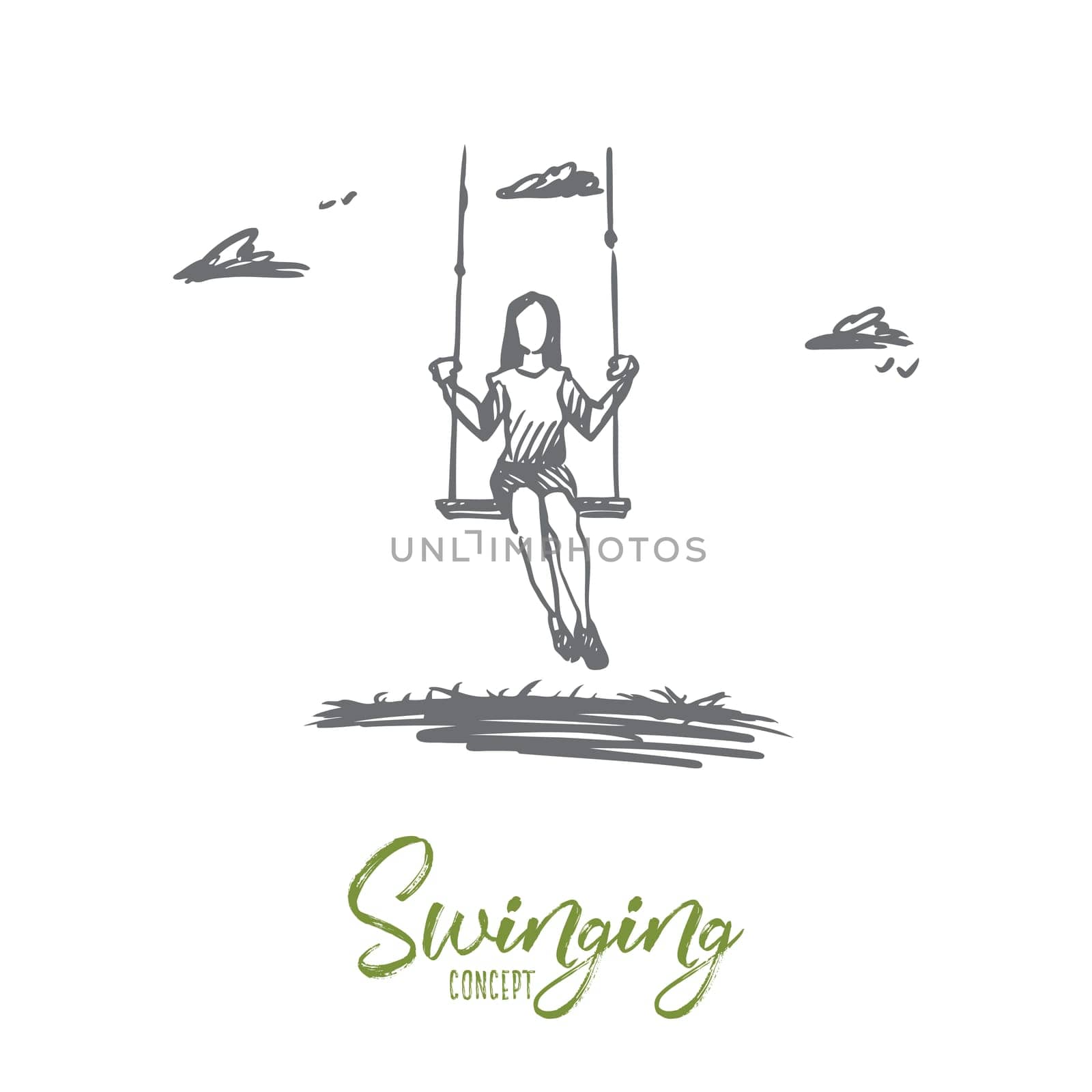 Girl, swinging, playing, fun, activity concept. Hand drawn girl swing and relax outdoor concept sketch. Isolated vector illustration.