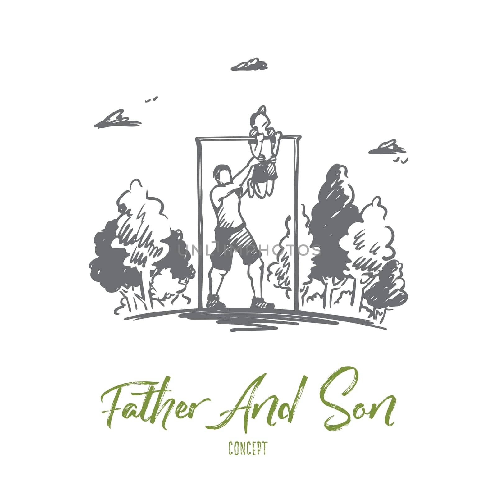 Father, son, family, exercise, sport concept. Hand drawn father helps doing exercises his little son in the park concept sketch. Isolated vector illustration.