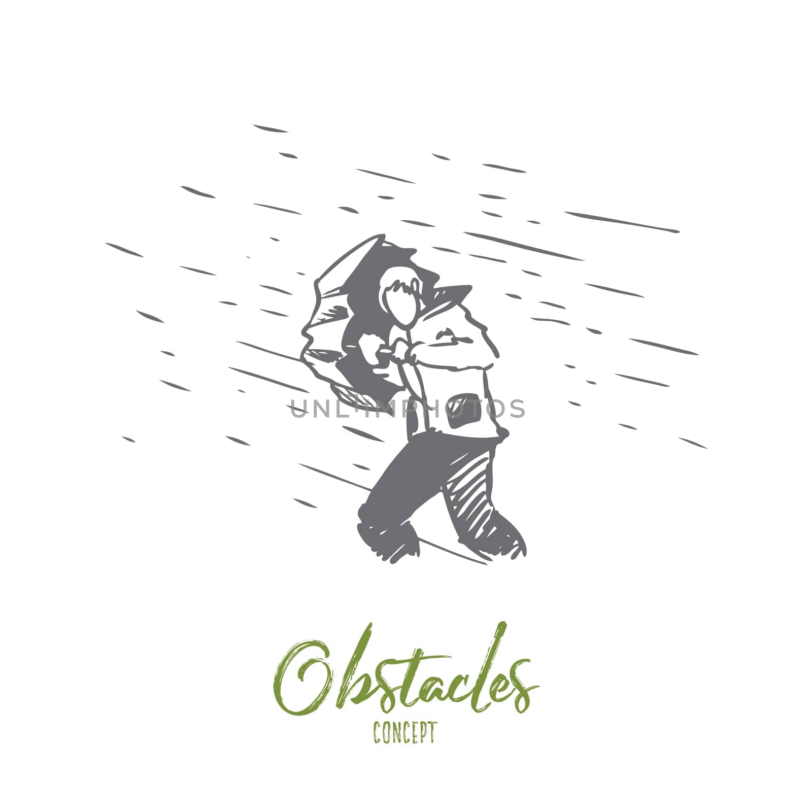 Obstacles, difficulties, problems concept. Hand drawn man with umbrella and rain as symbol of difficulties concept sketch. Isolated vector illustration.