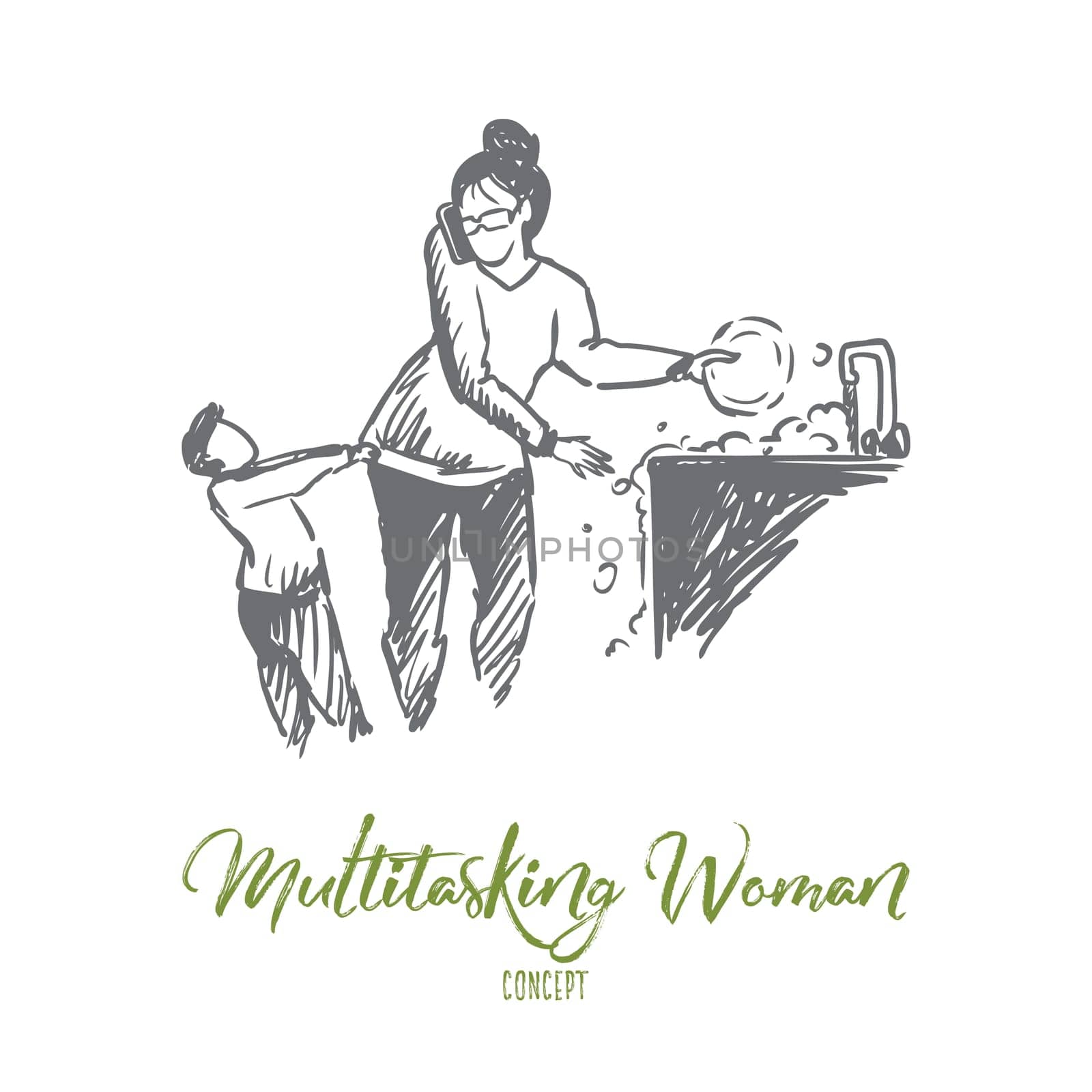 Multitasking woman concept. Hand drawn woman doing many home tasks while taking care of of little son isolated vector illustration. Isolated vector illustration.