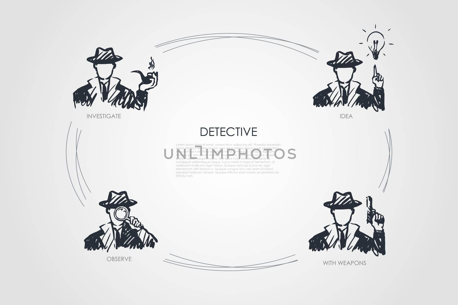 Detective - investigate, observe, idea, with weapons vector concept set. Hand drawn sketch isolated illustration