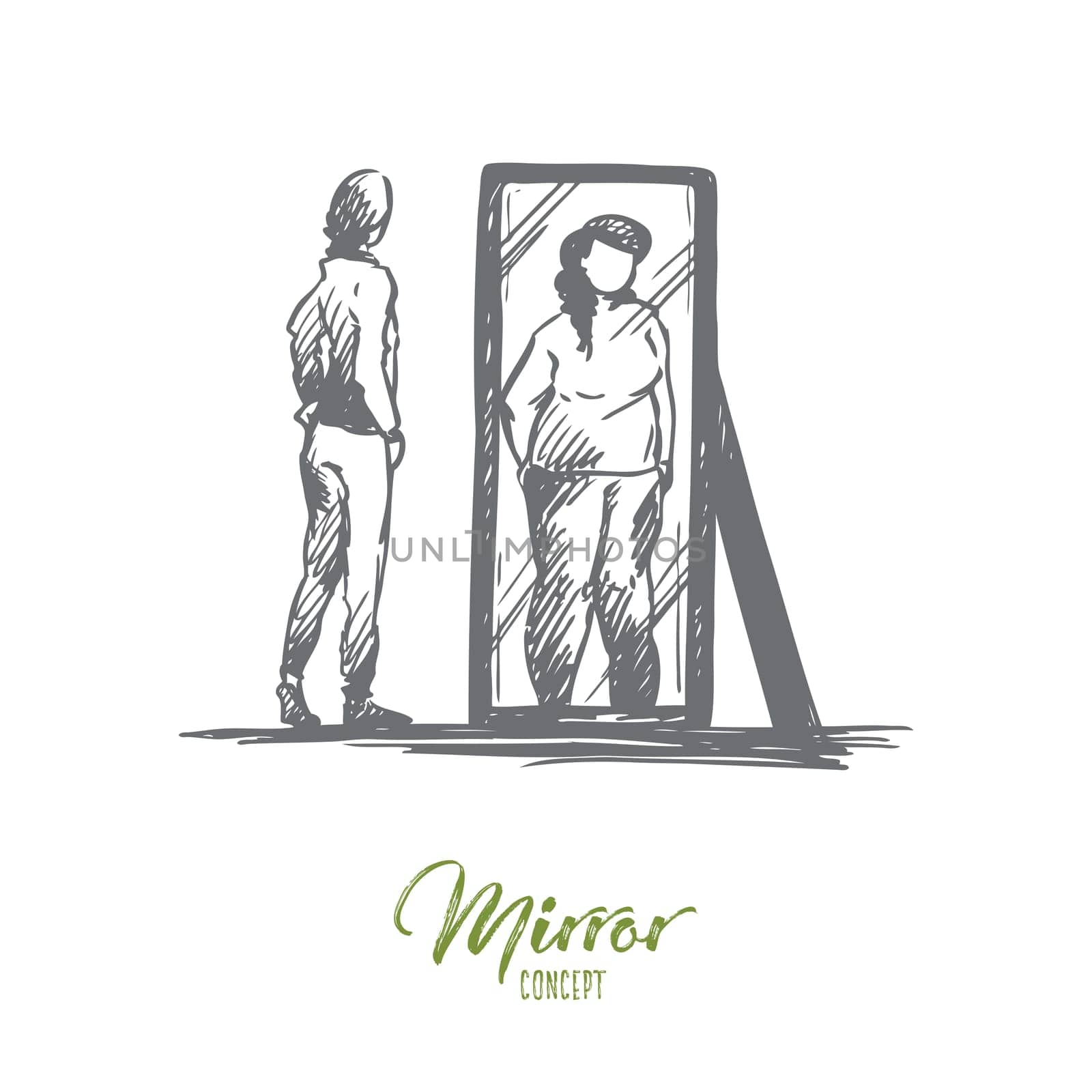 Girl, mirror, body, distorted, weight concept. Hand drawn unhappy teenage girl looks at mirror with distorted body image concept sketch. Isolated vector illustration.