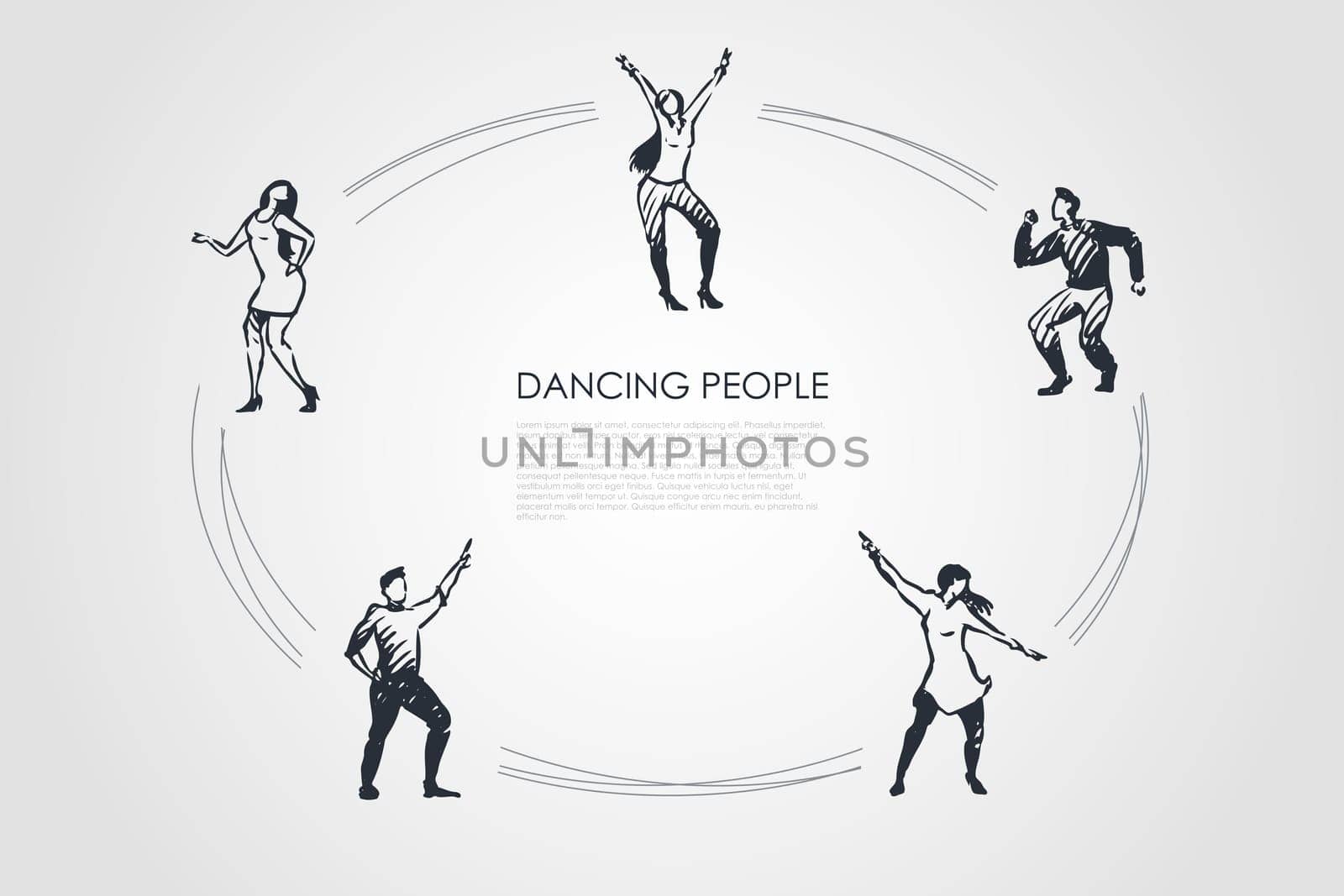 Dancing people - men and women in different dancing poses vector concept set. Hand drawn sketch isolated illustration