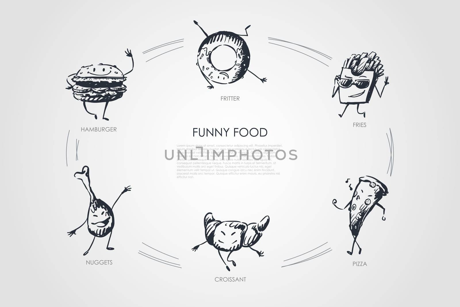 Funny food - hamburger, nuggets, croissant, pizza, fries, fritter vector concept set. Hand drawn sketch isolated illustration