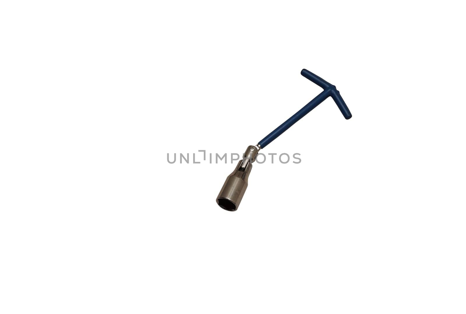 Spark plug wrench with blue handle on white background