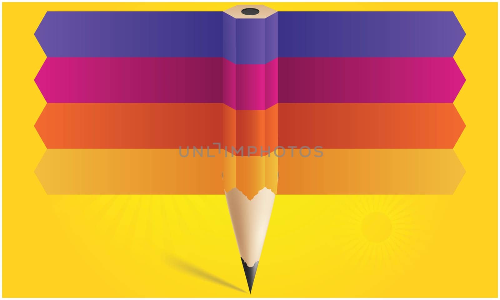 pencil artwork with multi color strip on abstract yellow background