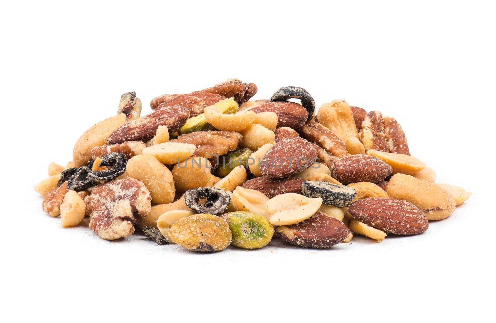 Mix of nuts and black olives isolated on a white background, spicy, salty food snack