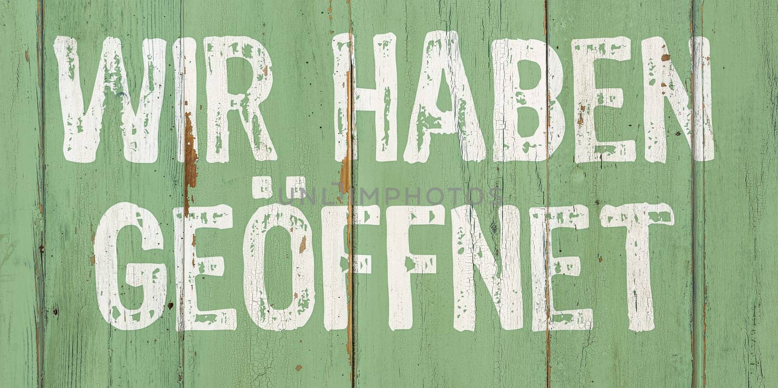 Wooden retro sign - We are open in german - Wir haben geöffnet