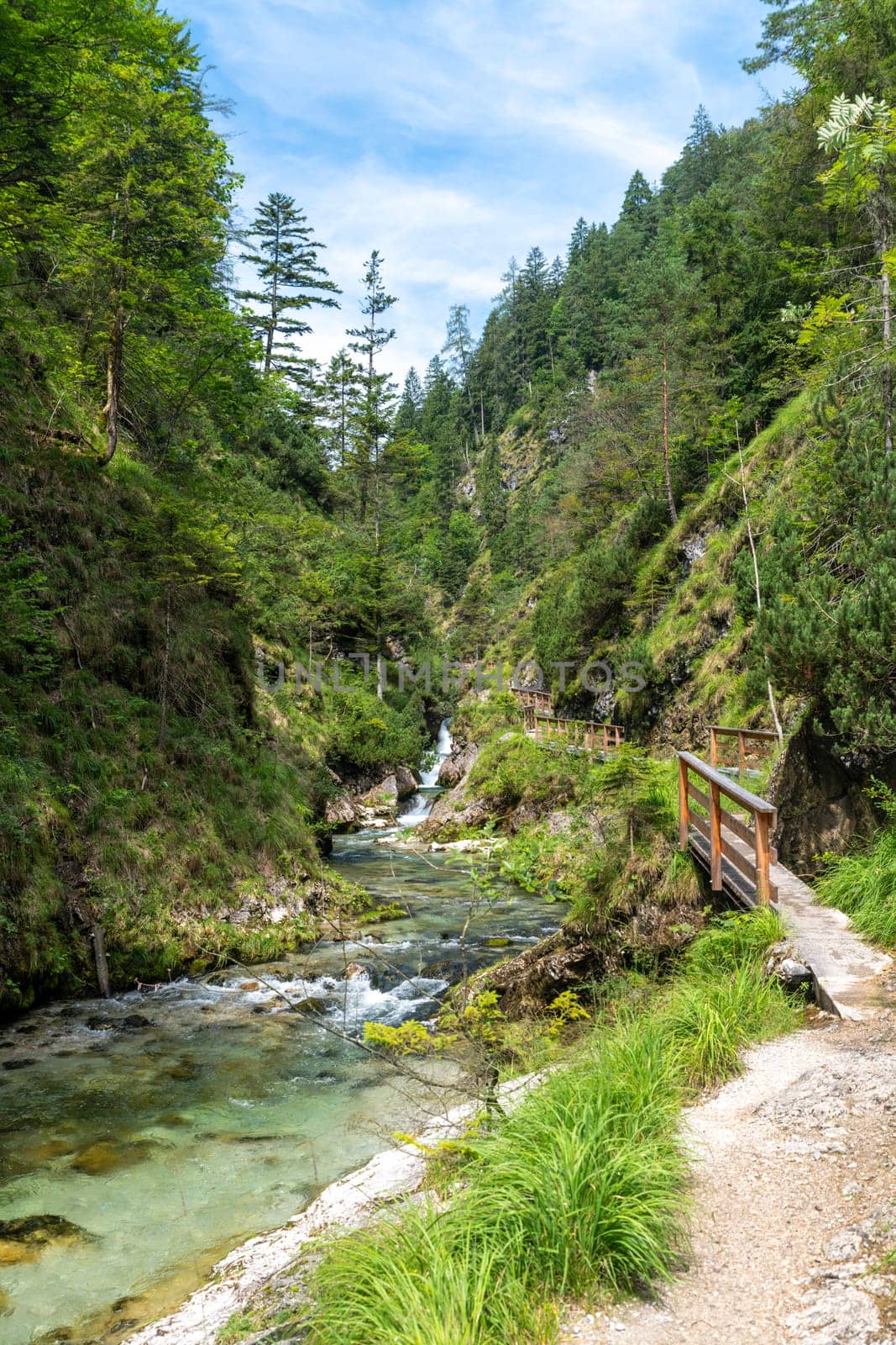 Waterfalls in the Weissbachschlucht in Chiemgau Bavaria with mountains and forest