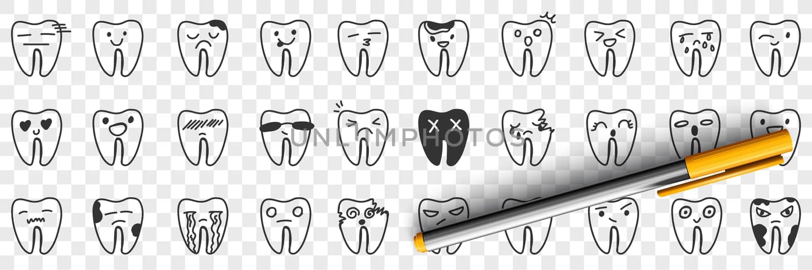 Healthy and unhealthy tooth doodle set. Collection of hand drawn positive and negative healthy teeth and injured with cavity caries isolated on transparent background