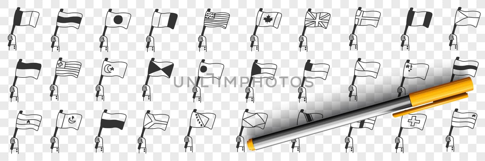 National Flags of countries doodle set. Collection of hand drawn flags of nationalities blowing on wind with hangers symbolising independence freedom of country isolated on transparent background