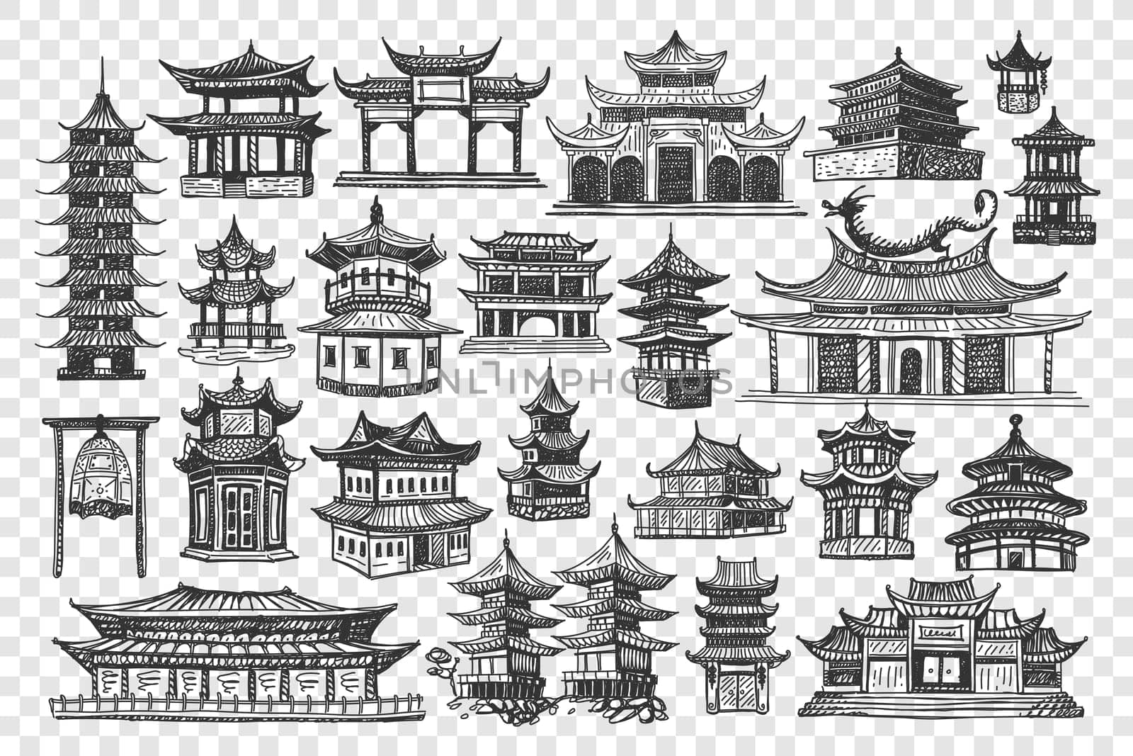 China buildings doodle set. Collection of chalk pencil hand drawn of chinese culture architecture and national temples castles on transparent background. Eastern asian country tratidion landmarks.