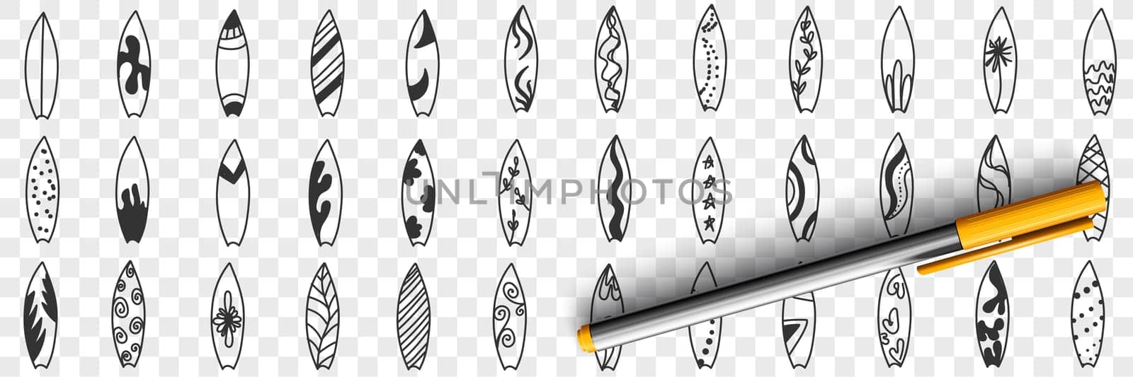Surfboard and puddle board doodle set. Collection of hand drawn boards with various patterns for surfing and paddle boarding on water in summer sport equipment isolated on transparent background