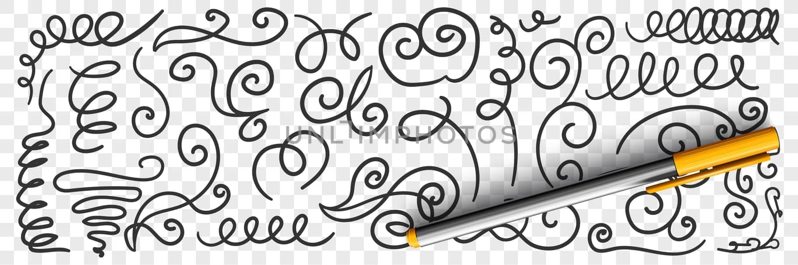 Ornate florid scribbles lines doodle set. Collection of hand drawn scribbles of various patterns waving lines geometrical shapes isolated on transparent background