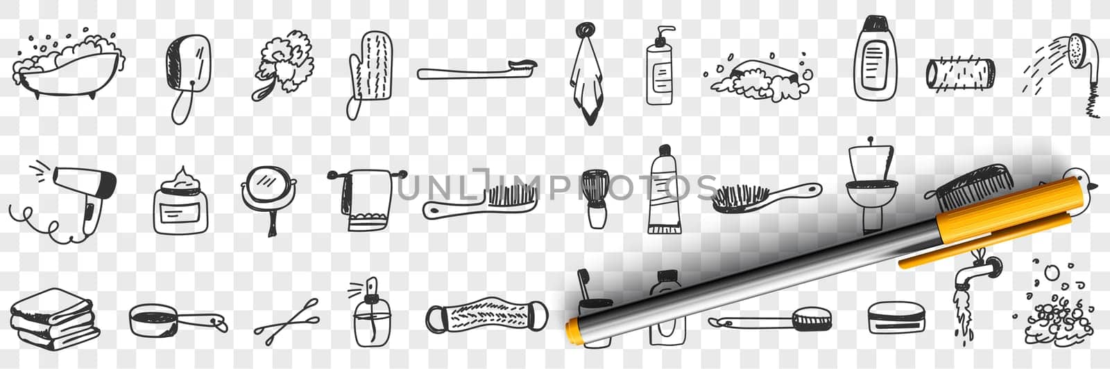 Cosmetics and tools for bath doodle set. Collection of hand drawn bathroom brush fan towel shampoo cream toothbrush toothpaste cosmetics shower for hygiene isolated on transparent background