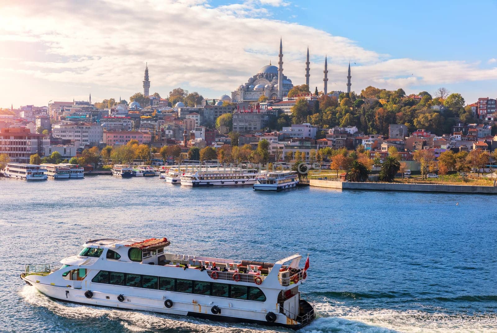 Ships in the Bosphorus, Eminonu pier and the Suleymaniye Mosque, Istanbul.