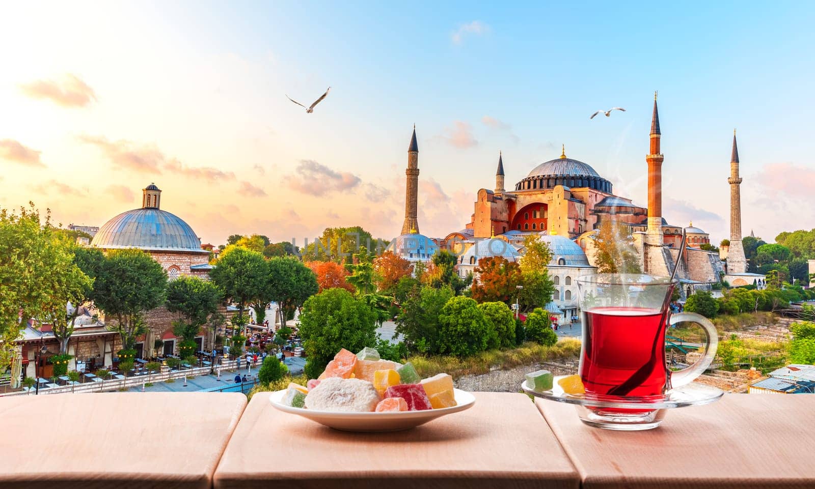 Traditional turkish tea in front of the Hagia Sophia Mosque, Istanbul.