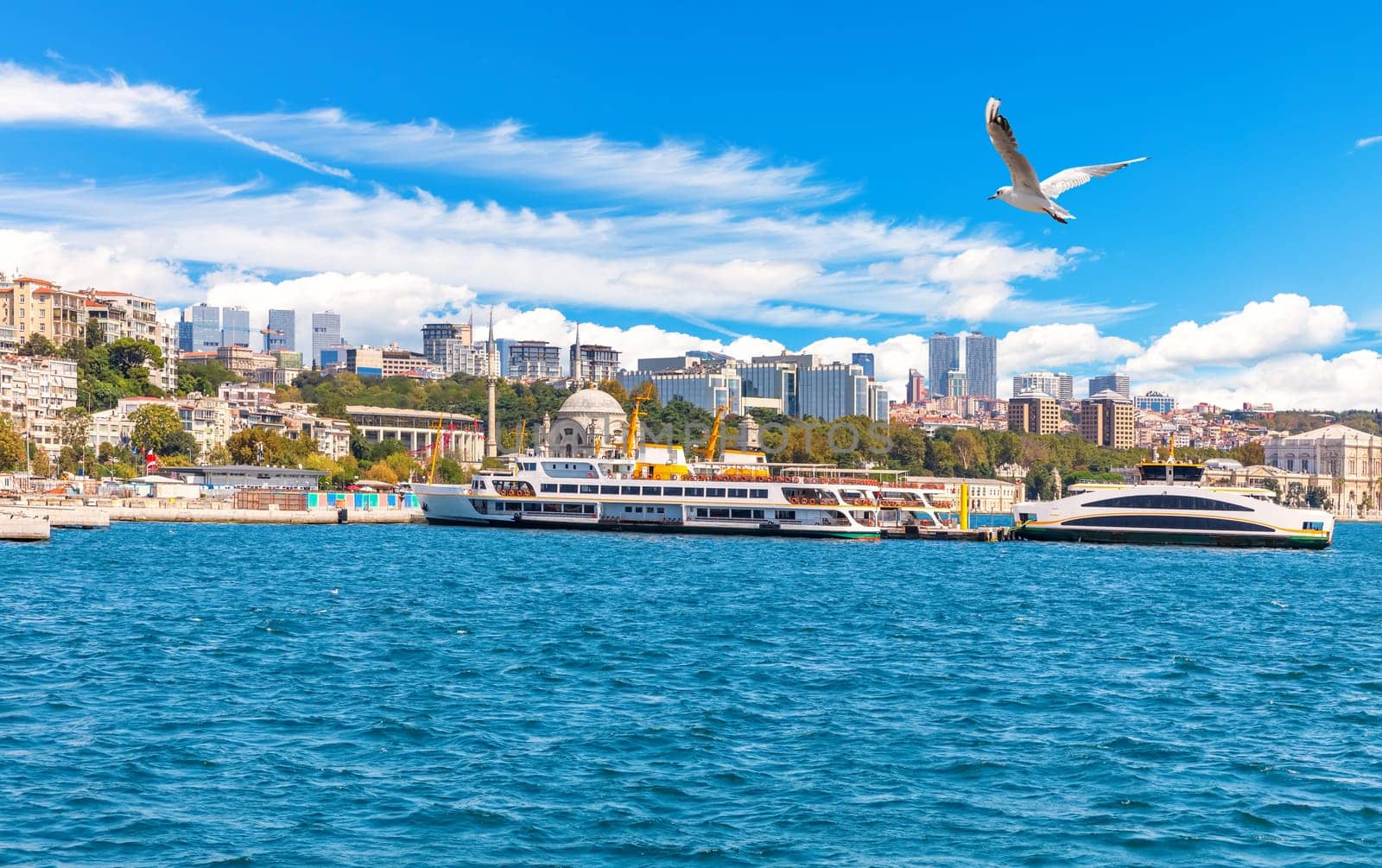 The Molla Celebi Mosque and the modern buildings on the coast of Istanbul.