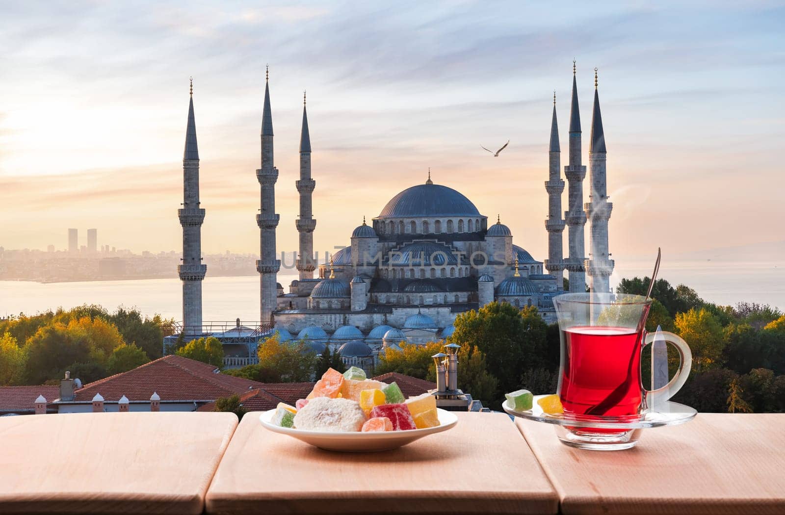 Traditional turkish tea in front of the Blue Mosque, Istanbul.