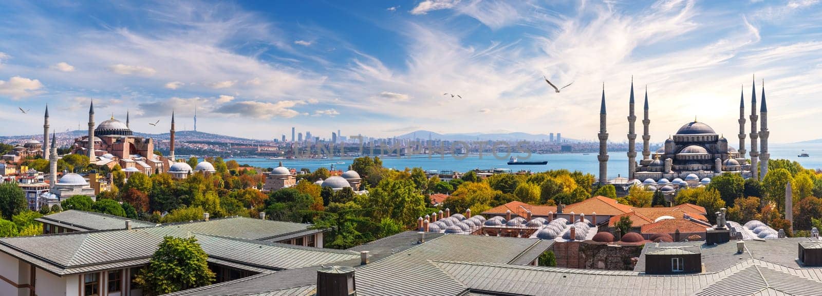 The Blue Mosque and Hagia Sophia, Istanbul panorama, Turkey.