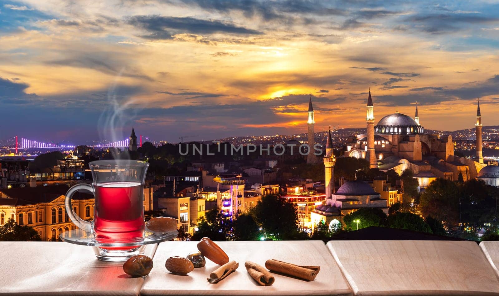 Bosphorus Bridge and Hagia Sophia Mosque with turkish tea, Istanbul.