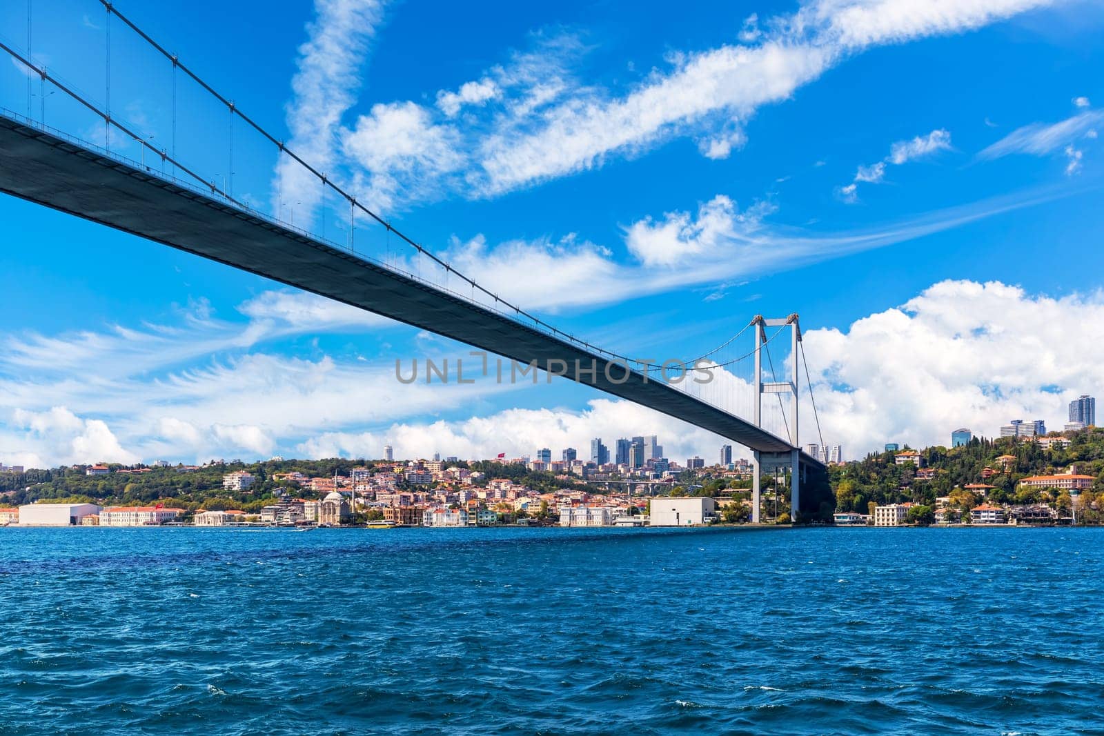 The Bosphorus Bridge or the 15 July Martyrs Bridge with Ortakoy Mosque on the background, Istanbul.