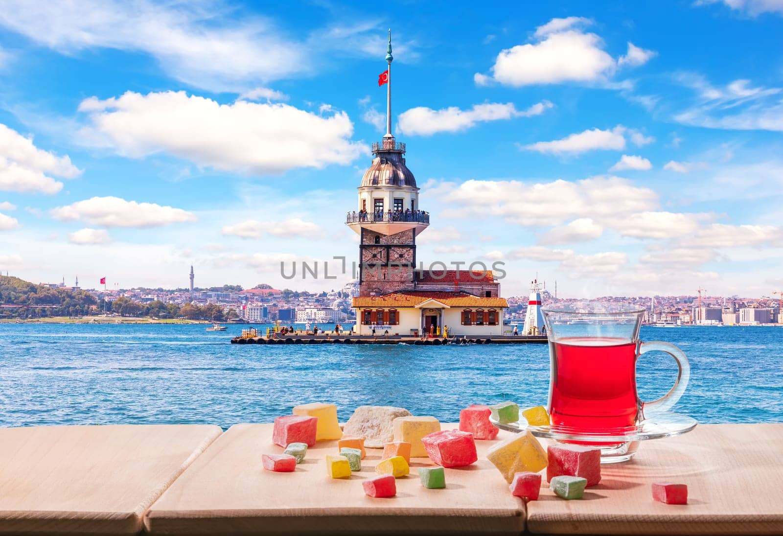 The Maiden's Tower in the Bosphorus and the Turkish tea, Istanbul.