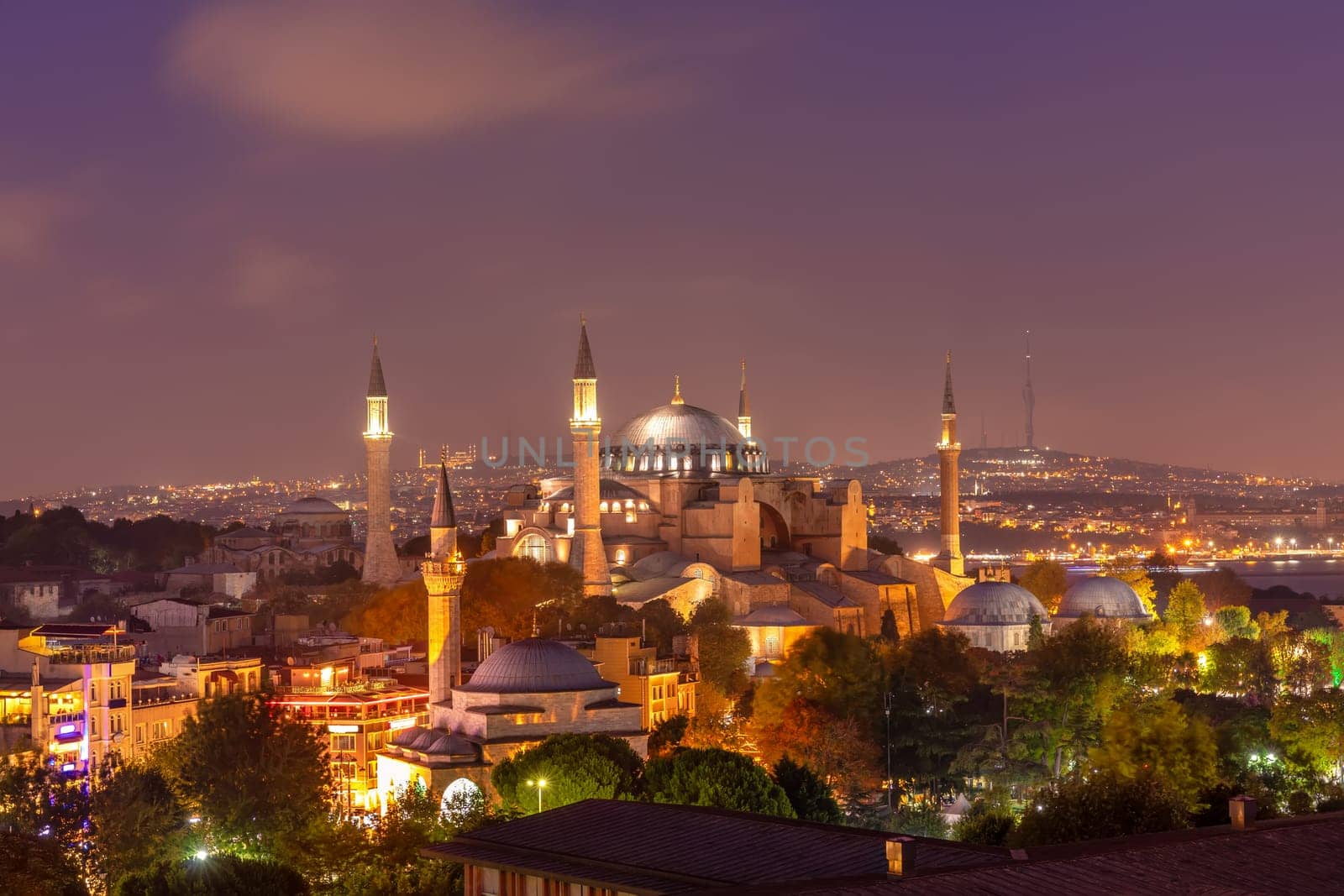 Hagia Sophia evening view, beautiful skyline of Istanbul, Turkey.