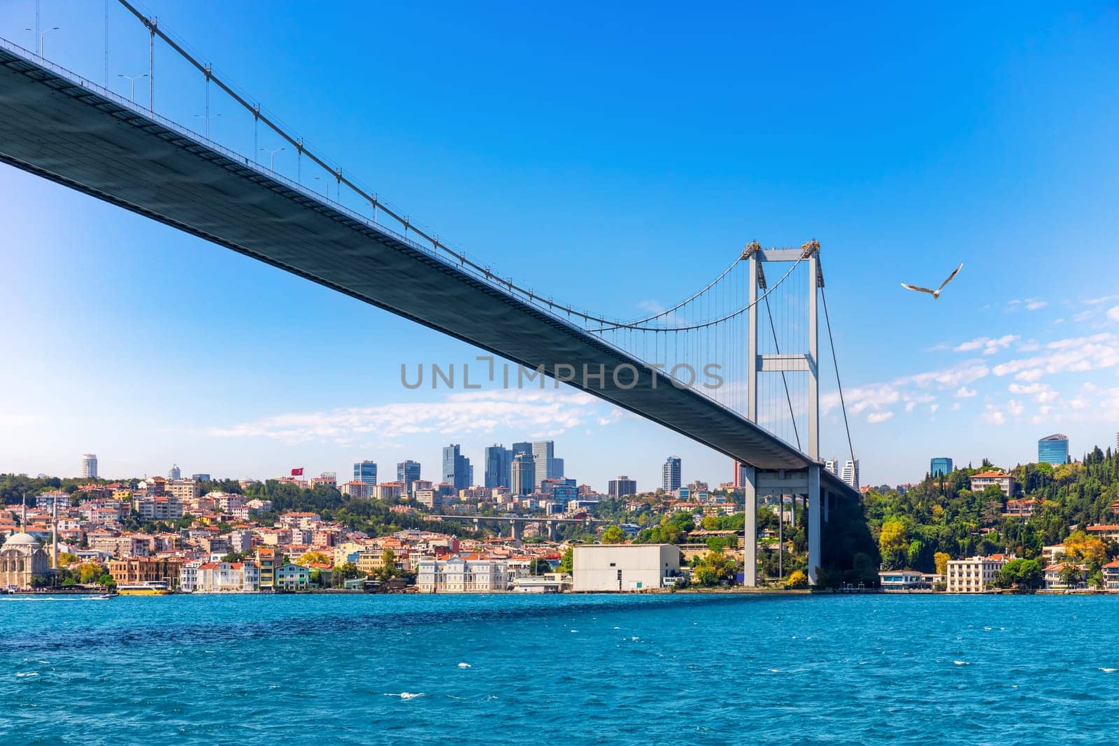 The Bosphorus Bridge and modern Istanbul view.